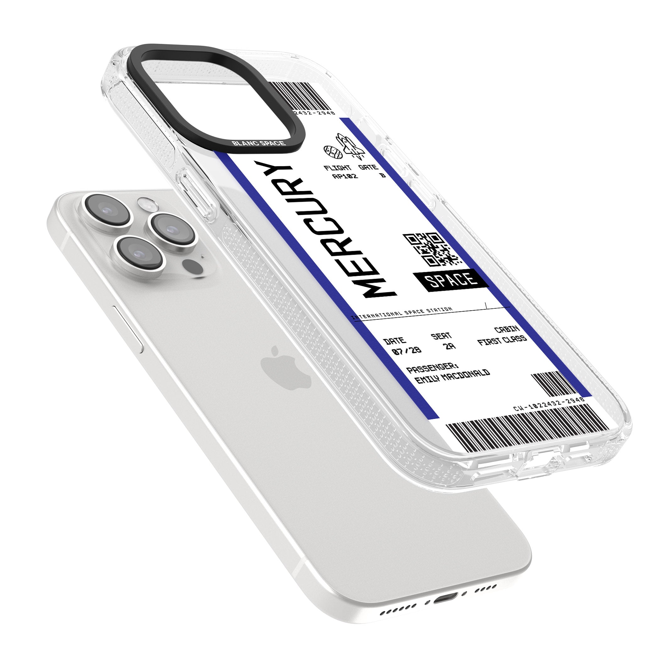 Personalised Mercury Space Travel Ticket iPhone 15 Pro Max / 15 Pro / 14 Pro Max / 14 Pro / 13 Pro Clear Case Impact Air - Blanc Space