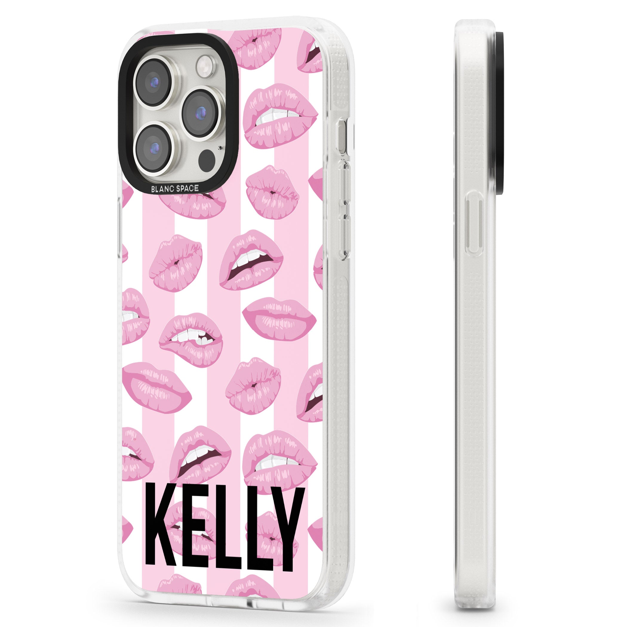 Personalised Pink Stripes & Lips iPhone 15 Pro Max / 15 Pro / 14 Pro Max / 14 Pro / 13 Pro Clear Case Impact Air - Blanc Space