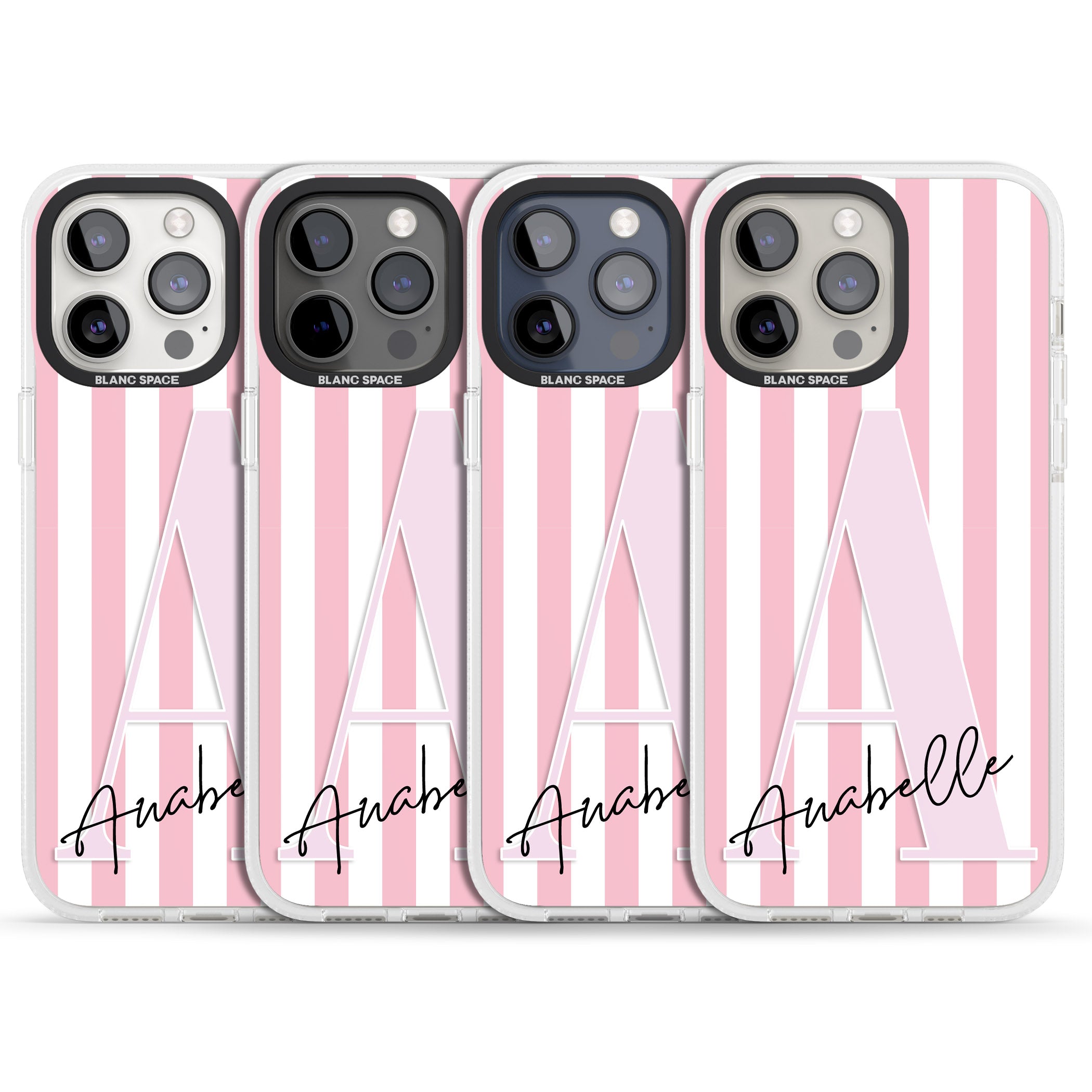 Personalised Pink Stripes & Large Monogram iPhone 15 Pro Max / 15 Pro / 14 Pro Max / 14 Pro / 13 Pro Clear Case Impact Air - Blanc Space