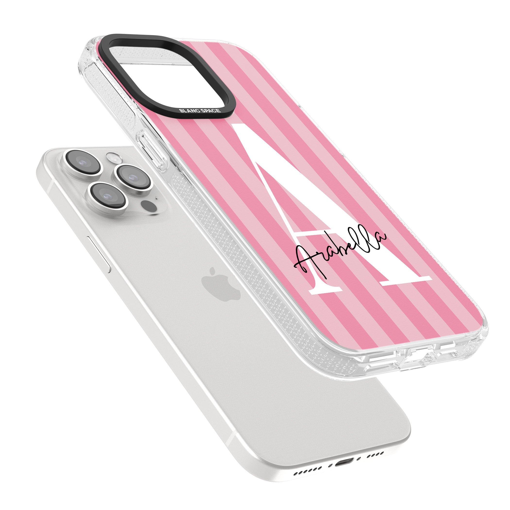 Personalised Pink on Pink Stripes iPhone 15 Pro Max / 15 Pro / 14 Pro Max / 14 Pro / 13 Pro Clear Case Impact Air - Blanc Space