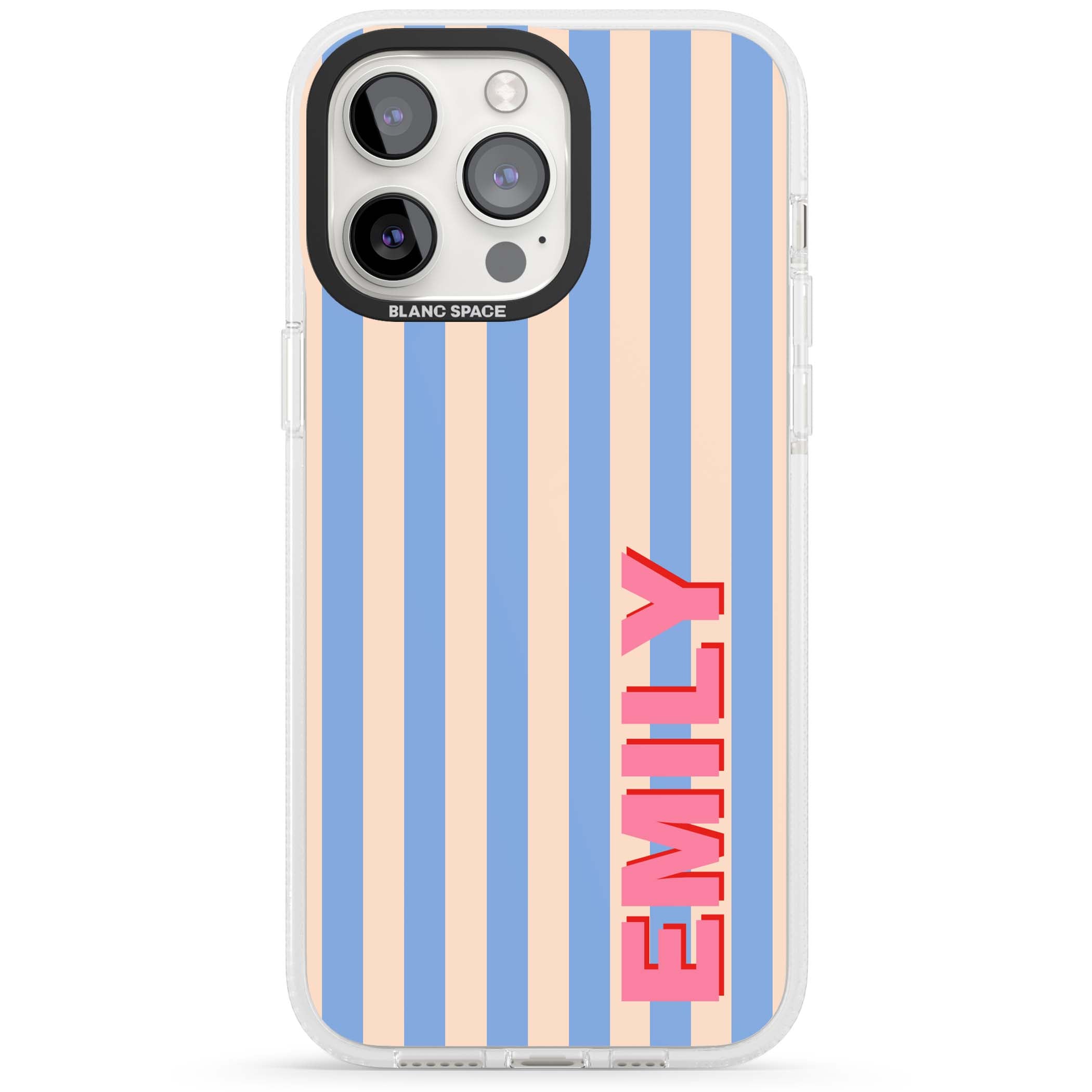 Coastal Stripe personalised coastal iPhone case with blue and peach vertical stripes and custom pink name | Clear Case Impact Air case for iPhone 15 Pro, iPhone 15 Pro Max