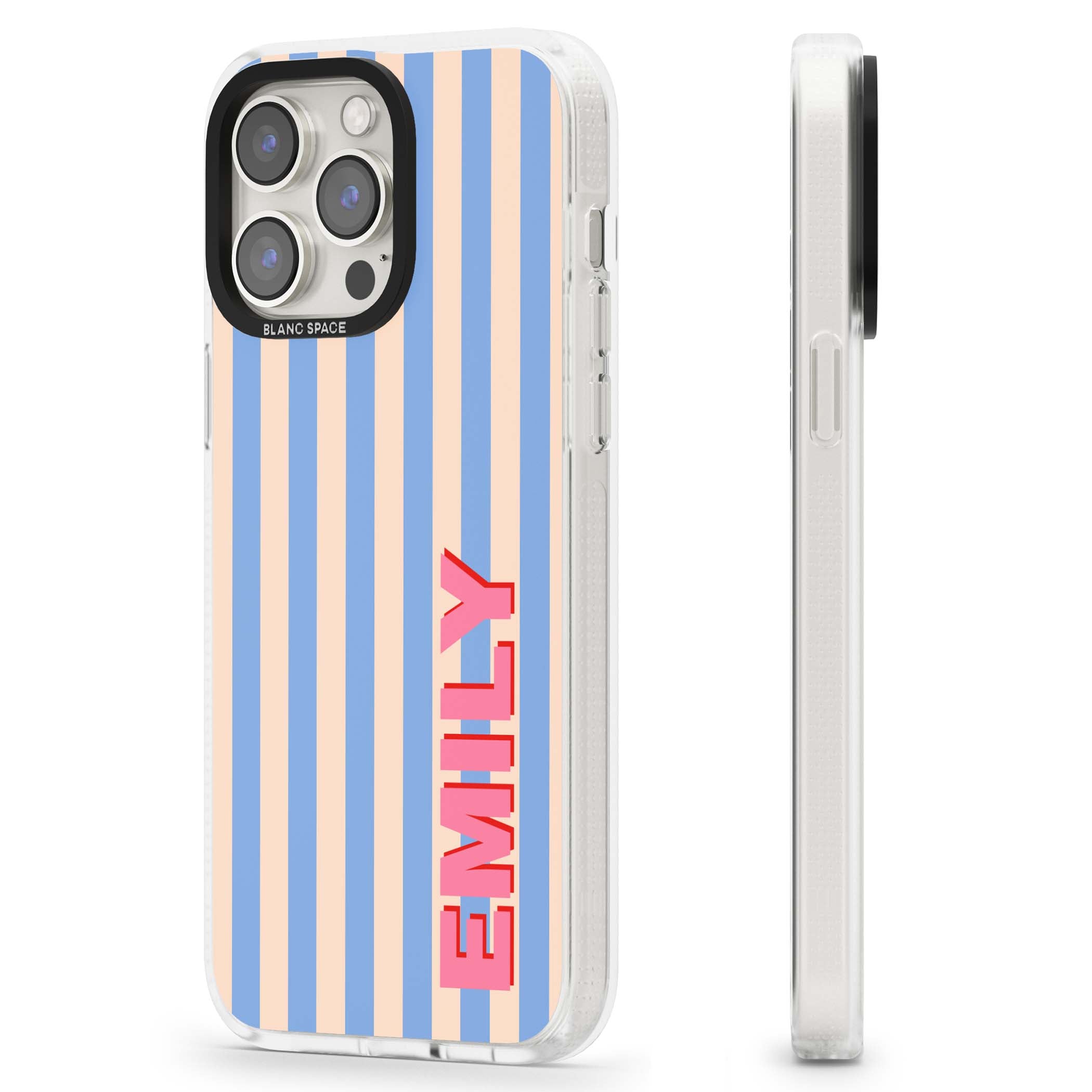 Coastal Stripe personalised coastal iPhone case with blue and peach vertical stripes and custom pink name | Clear Case Impact Air case for iPhone 15 Pro, iPhone 15 Pro Max