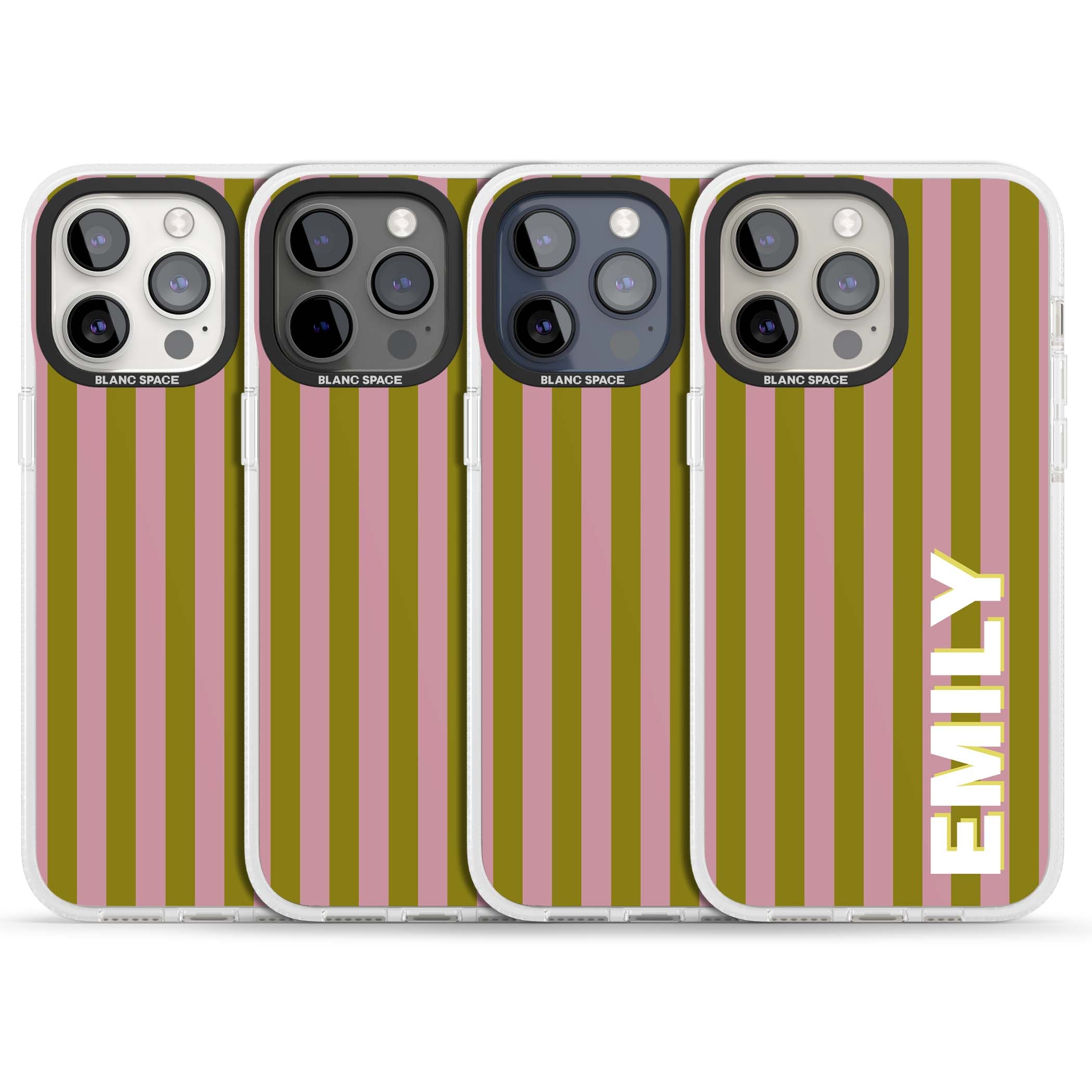 Istanbul Stripe personalised iPhone case featuring pink and olive green vertical stripes with a custom vertical name | Clear Case Impact Air case for iPhone 15 Pro, iPhone 15 Pro Max