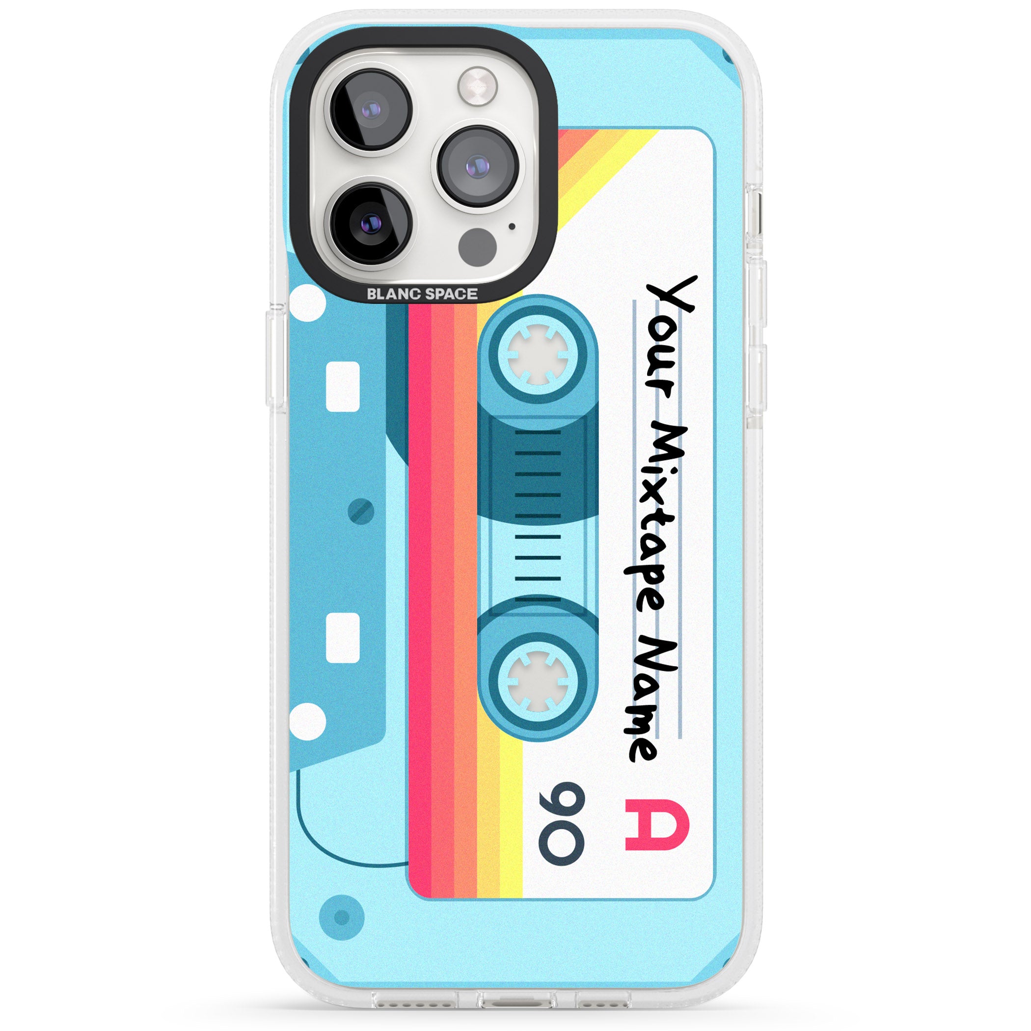 Personalised Sporty Cassette iPhone 15 Pro Max / 15 Pro / 14 Pro Max / 14 Pro / 13 Pro Clear Case Impact Air - Blanc Space