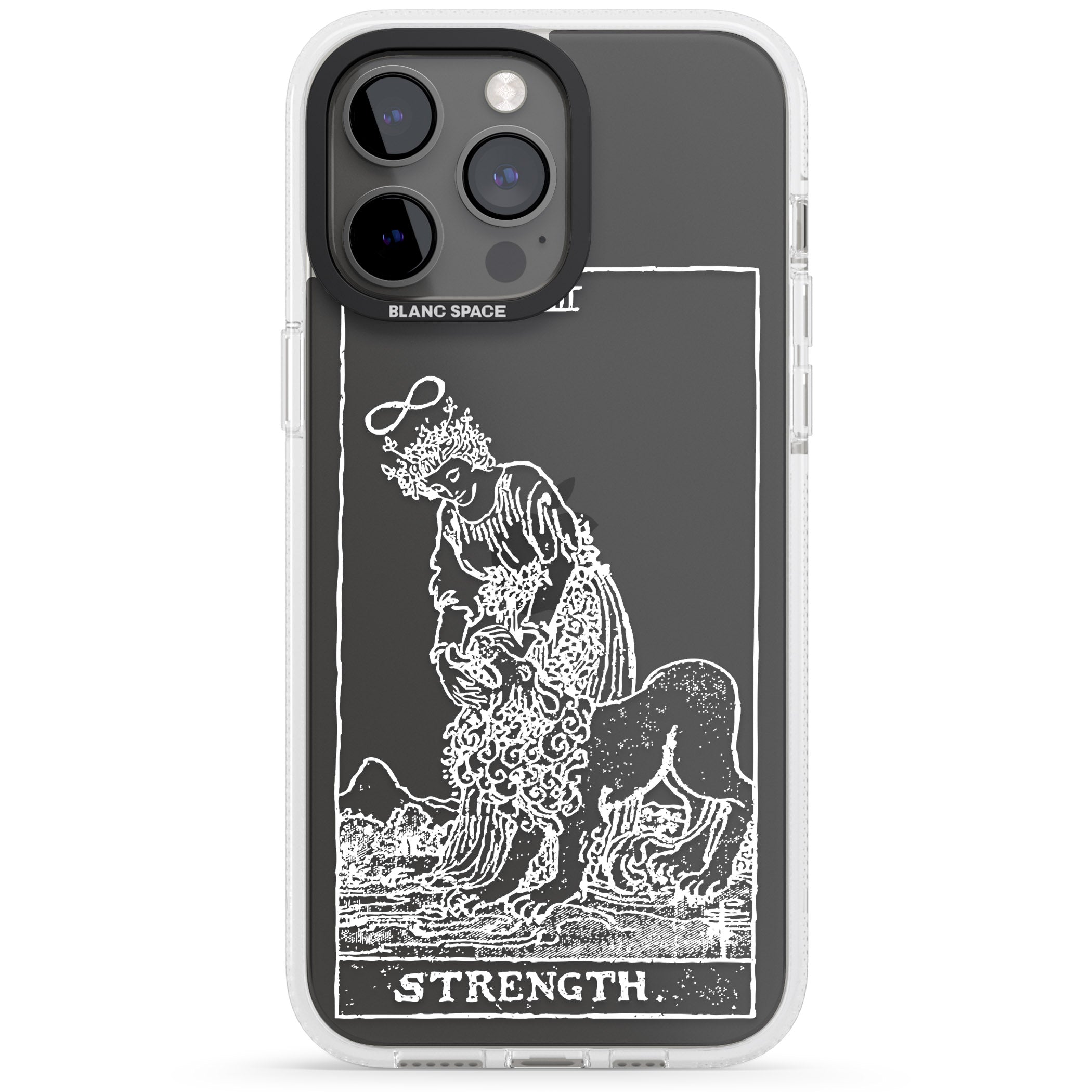 Personalised Strength Tarot Card - White Transparent iPhone 15 Pro Max / 15 Pro / 14 Pro Max / 14 Pro / 13 Pro Clear Case Impact Air - Blanc Space