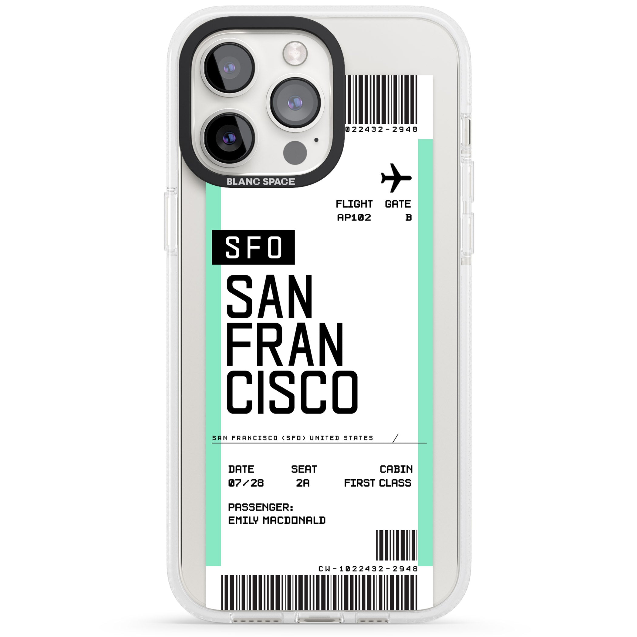 Personalised San Francisco Boarding Pass iPhone 15 Pro Max / 15 Pro / 14 Pro Max / 14 Pro / 13 Pro Clear Case Impact Air - Blanc Space