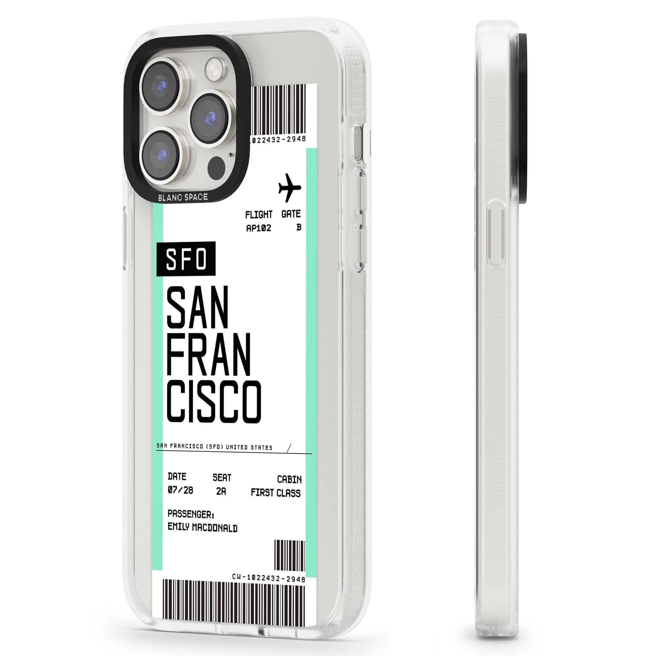 Personalised San Francisco Boarding Pass iPhone 15 Pro Max / 15 Pro / 14 Pro Max / 14 Pro / 13 Pro Clear Case Impact Air - Blanc Space