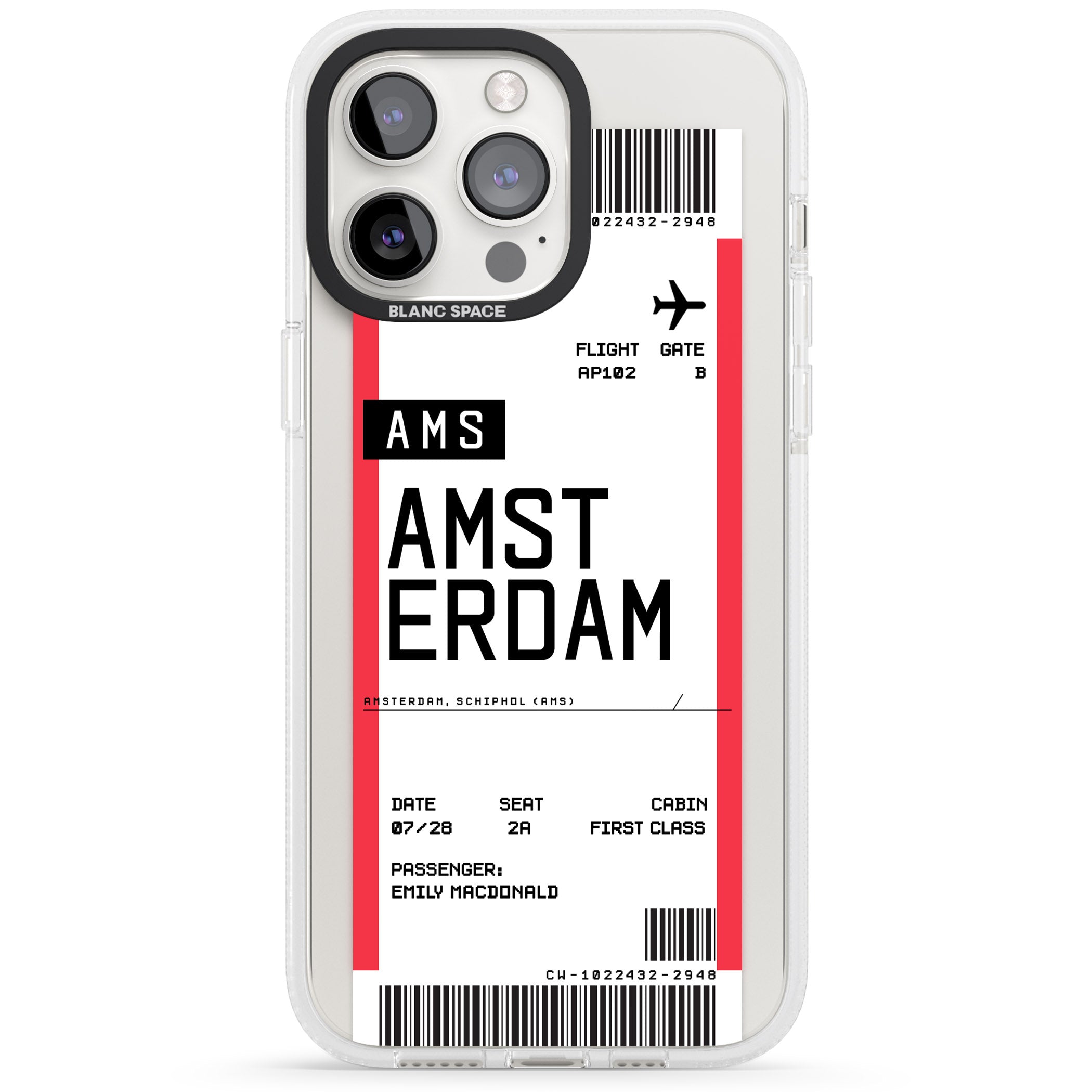 Personalised Amsterdam Boarding Pass iPhone 15 Pro Max / 15 Pro / 14 Pro Max / 14 Pro / 13 Pro Clear Case Impact Air - Blanc Space