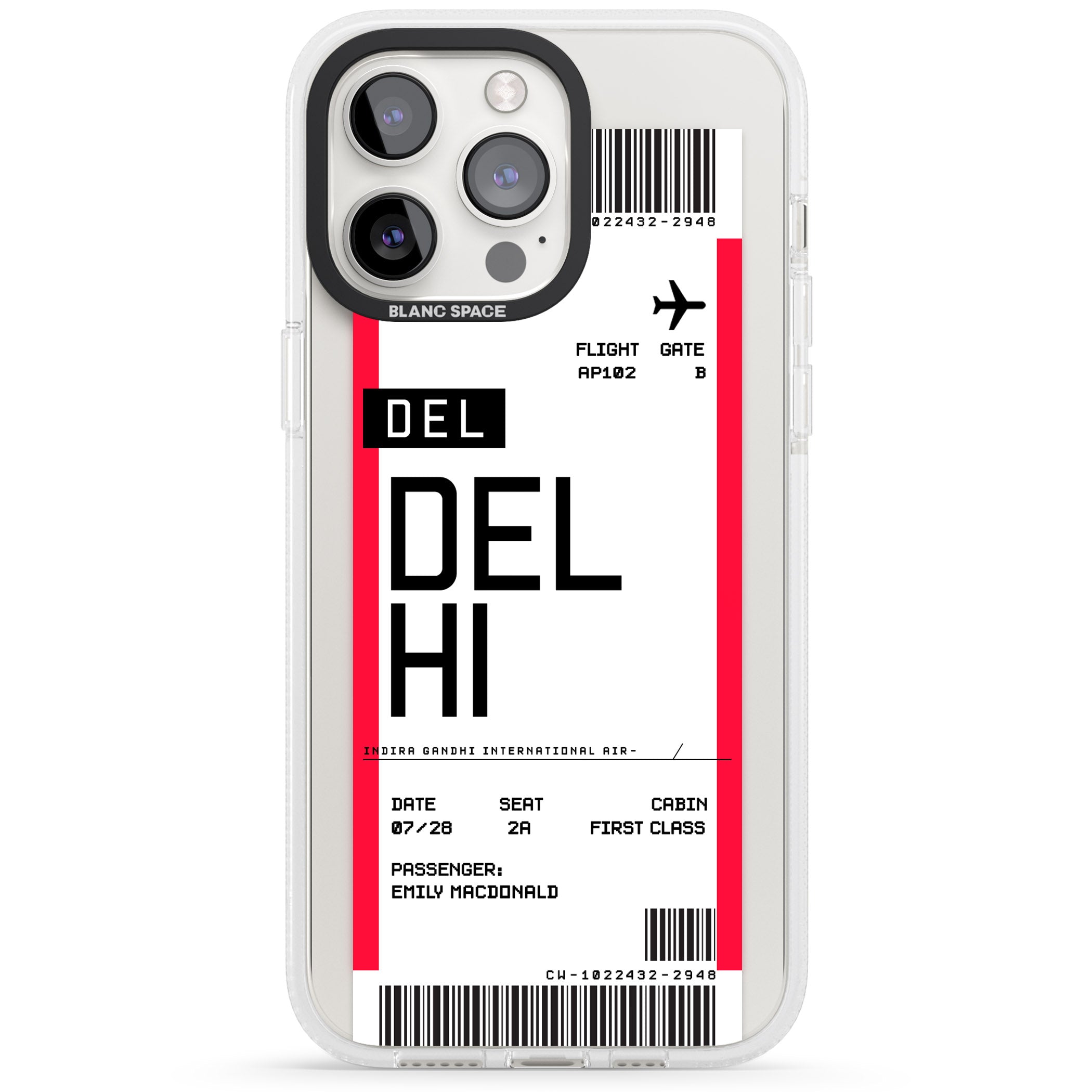 Personalised Delhi Boarding Pass iPhone 15 Pro Max / 15 Pro / 14 Pro Max / 14 Pro / 13 Pro Clear Case Impact Air - Blanc Space