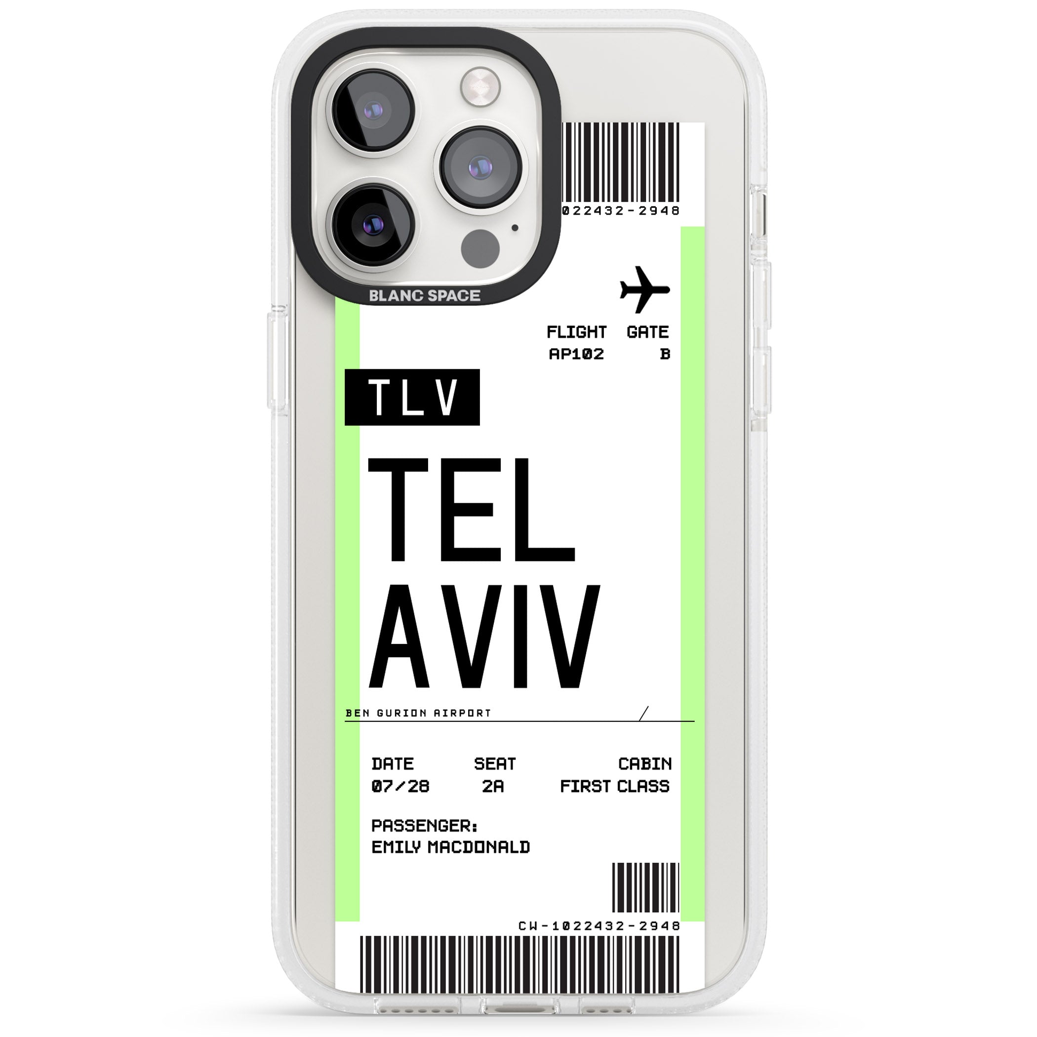 Personalised Tel Aviv Boarding Pass iPhone 15 Pro Max / 15 Pro / 14 Pro Max / 14 Pro / 13 Pro Clear Case Impact Air - Blanc Space
