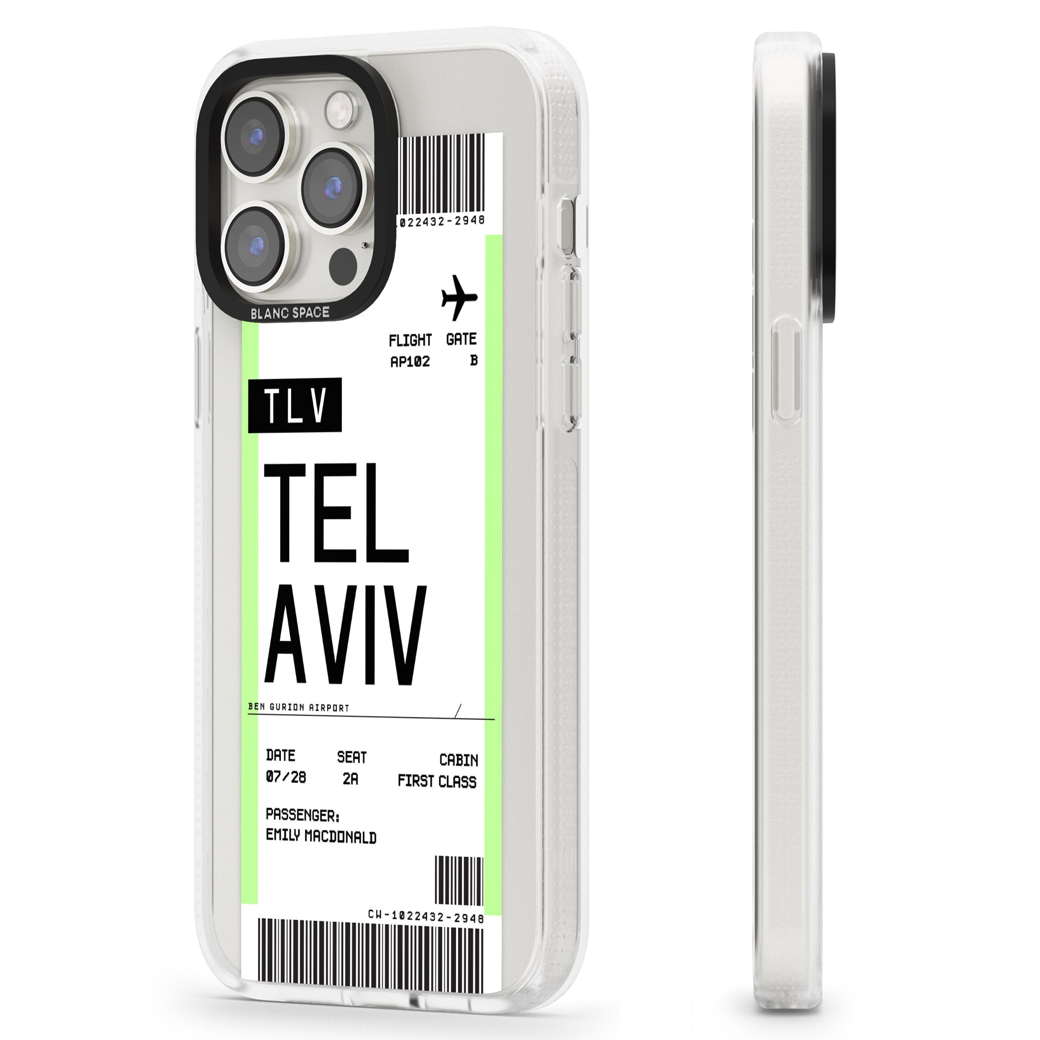Personalised Tel Aviv Boarding Pass iPhone 15 Pro Max / 15 Pro / 14 Pro Max / 14 Pro / 13 Pro Clear Case Impact Air - Blanc Space