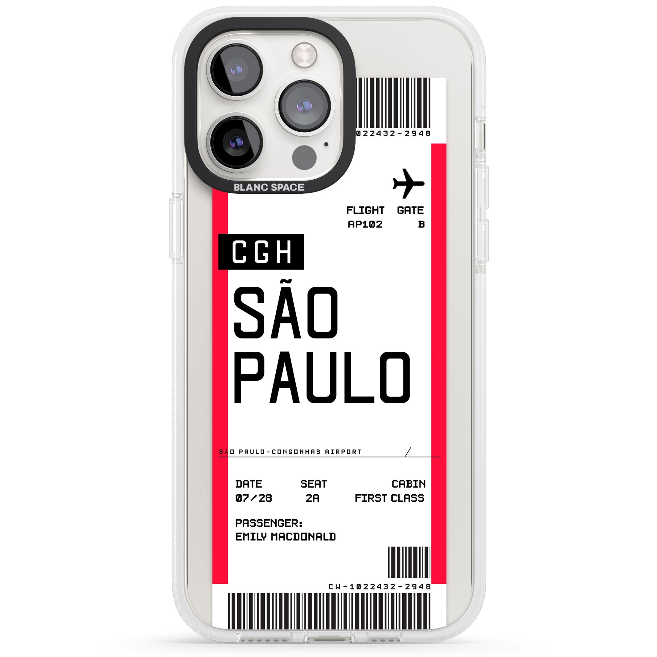 Personalised São Paulo Boarding Pass iPhone 15 Pro Max / 15 Pro / 14 Pro Max / 14 Pro / 13 Pro Clear Case Impact Air - Blanc Space