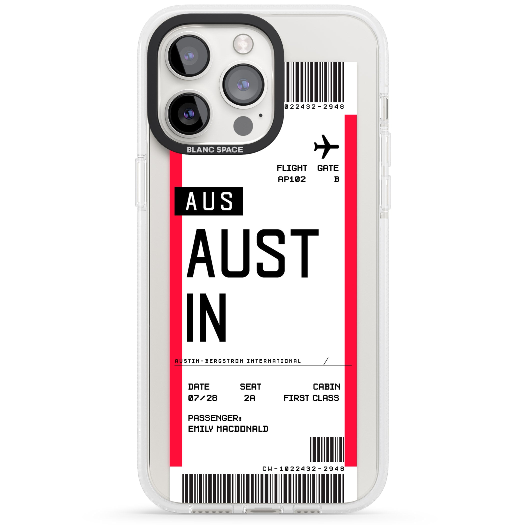 Personalised Austin Boarding Pass iPhone 15 Pro Max / 15 Pro / 14 Pro Max / 14 Pro / 13 Pro Clear Case Impact Air - Blanc Space
