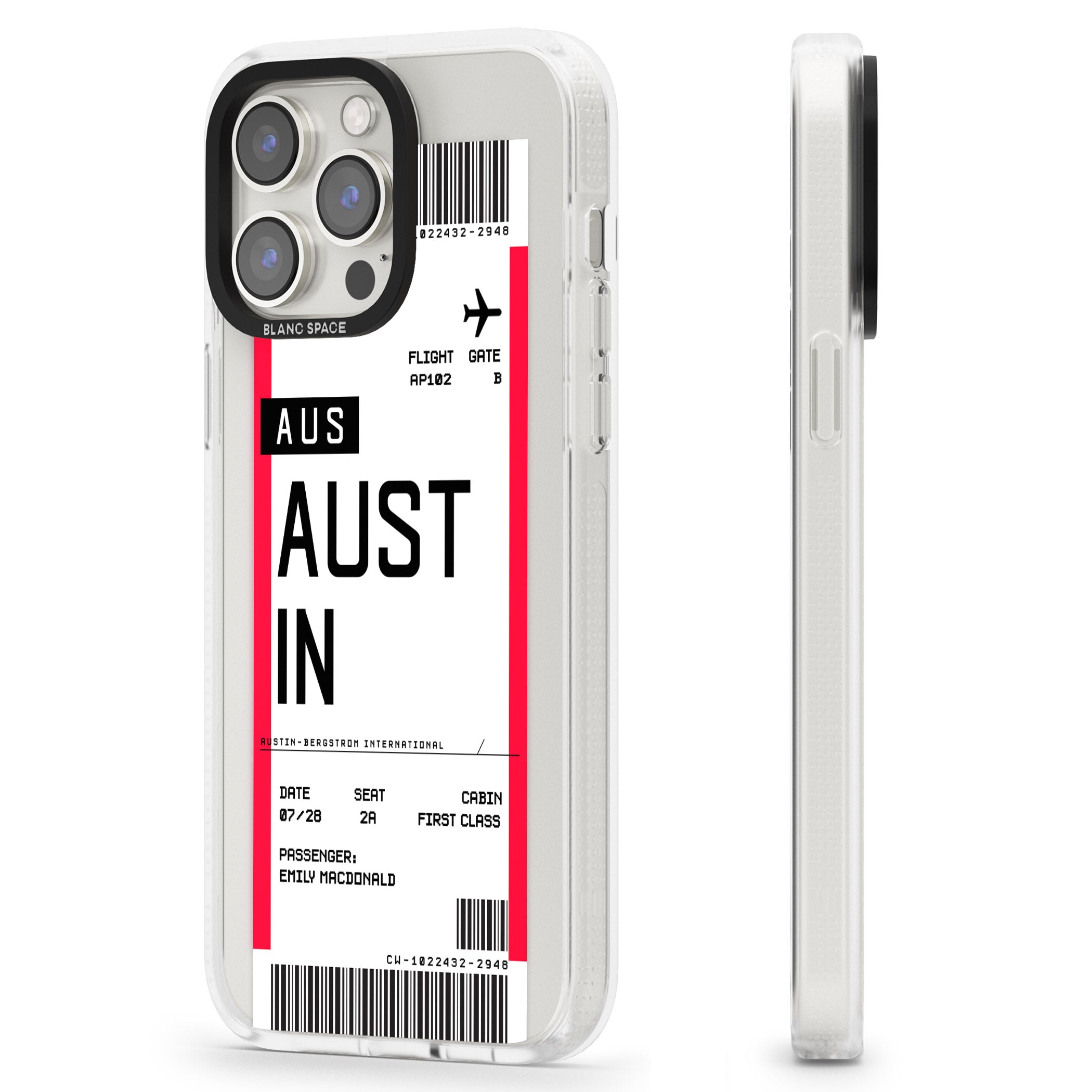 Personalised Austin Boarding Pass iPhone 15 Pro Max / 15 Pro / 14 Pro Max / 14 Pro / 13 Pro Clear Case Impact Air - Blanc Space