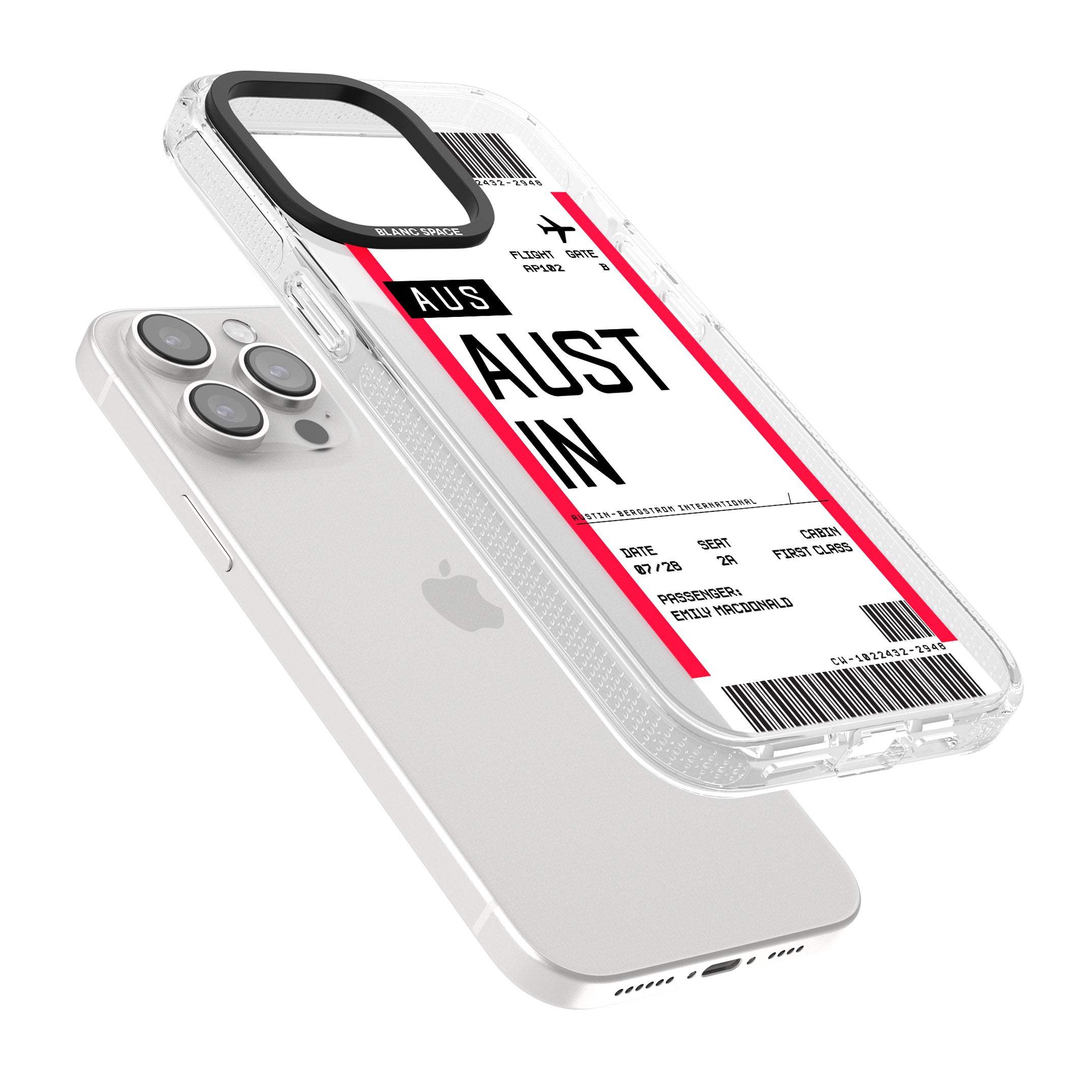 Personalised Austin Boarding Pass iPhone 15 Pro Max / 15 Pro / 14 Pro Max / 14 Pro / 13 Pro Clear Case Impact Air - Blanc Space