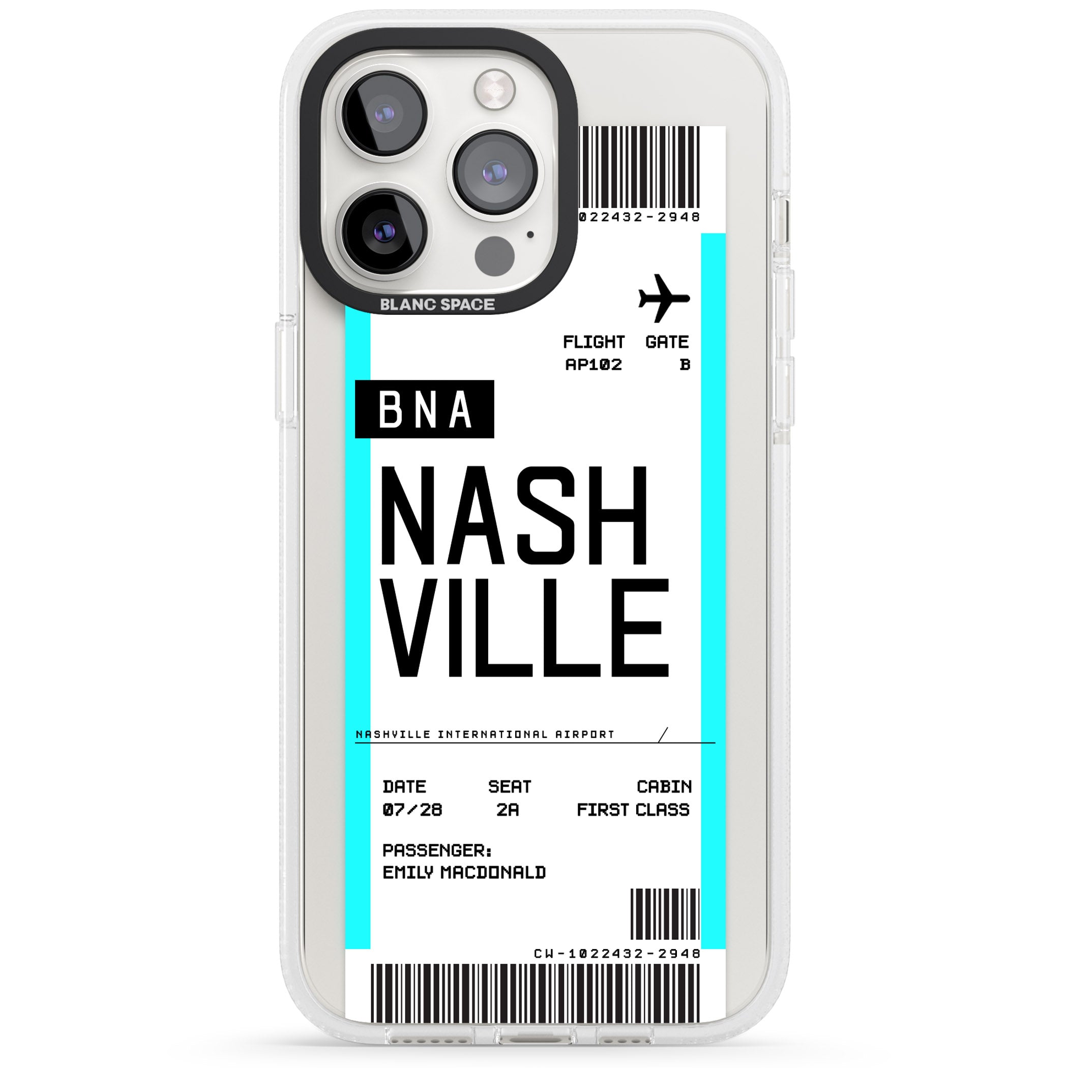 Personalised Nashville Boarding Pass iPhone 15 Pro Max / 15 Pro / 14 Pro Max / 14 Pro / 13 Pro Clear Case Impact Air - Blanc Space