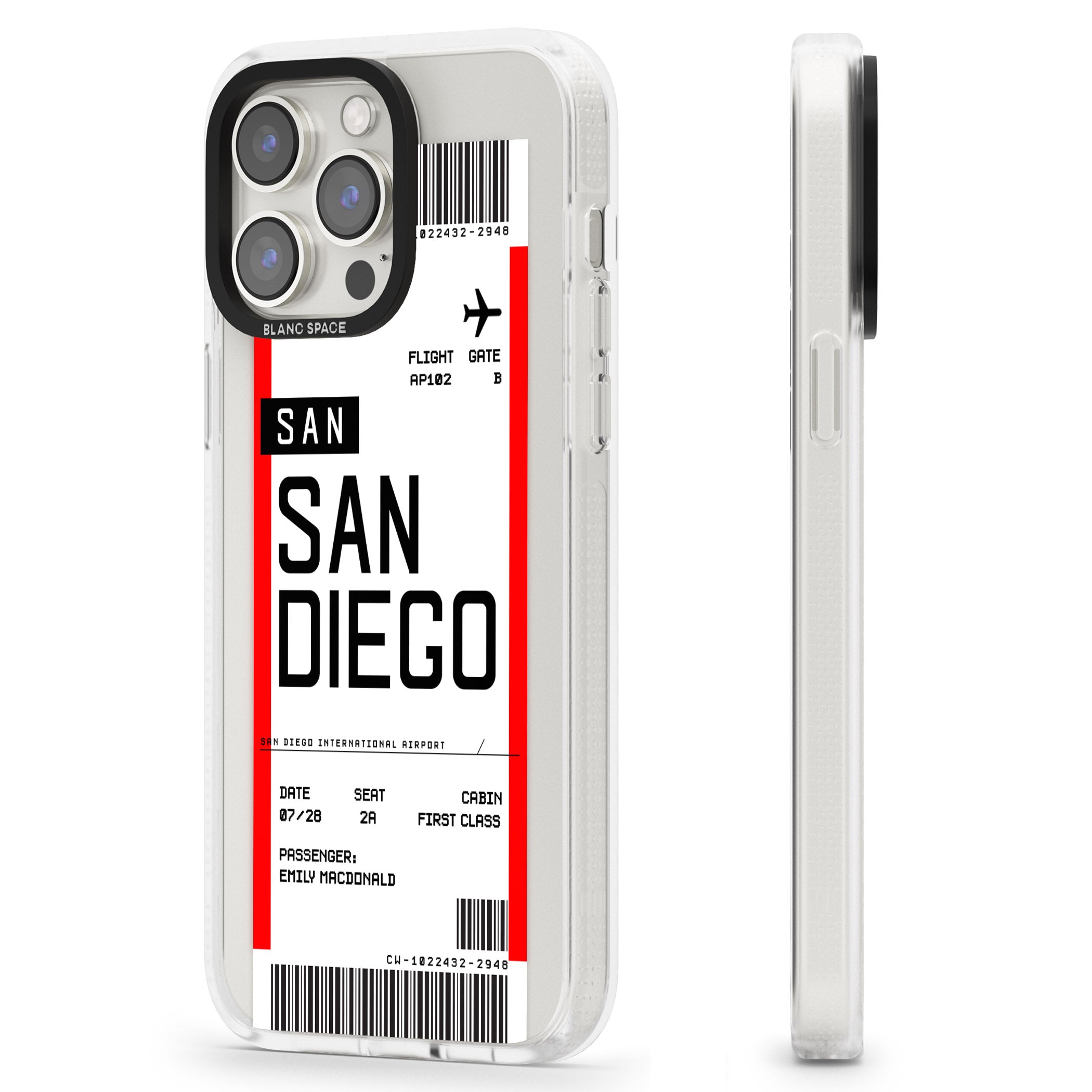 Personalised San Diego Boarding Pass iPhone 15 Pro Max / 15 Pro / 14 Pro Max / 14 Pro / 13 Pro Clear Case Impact Air - Blanc Space