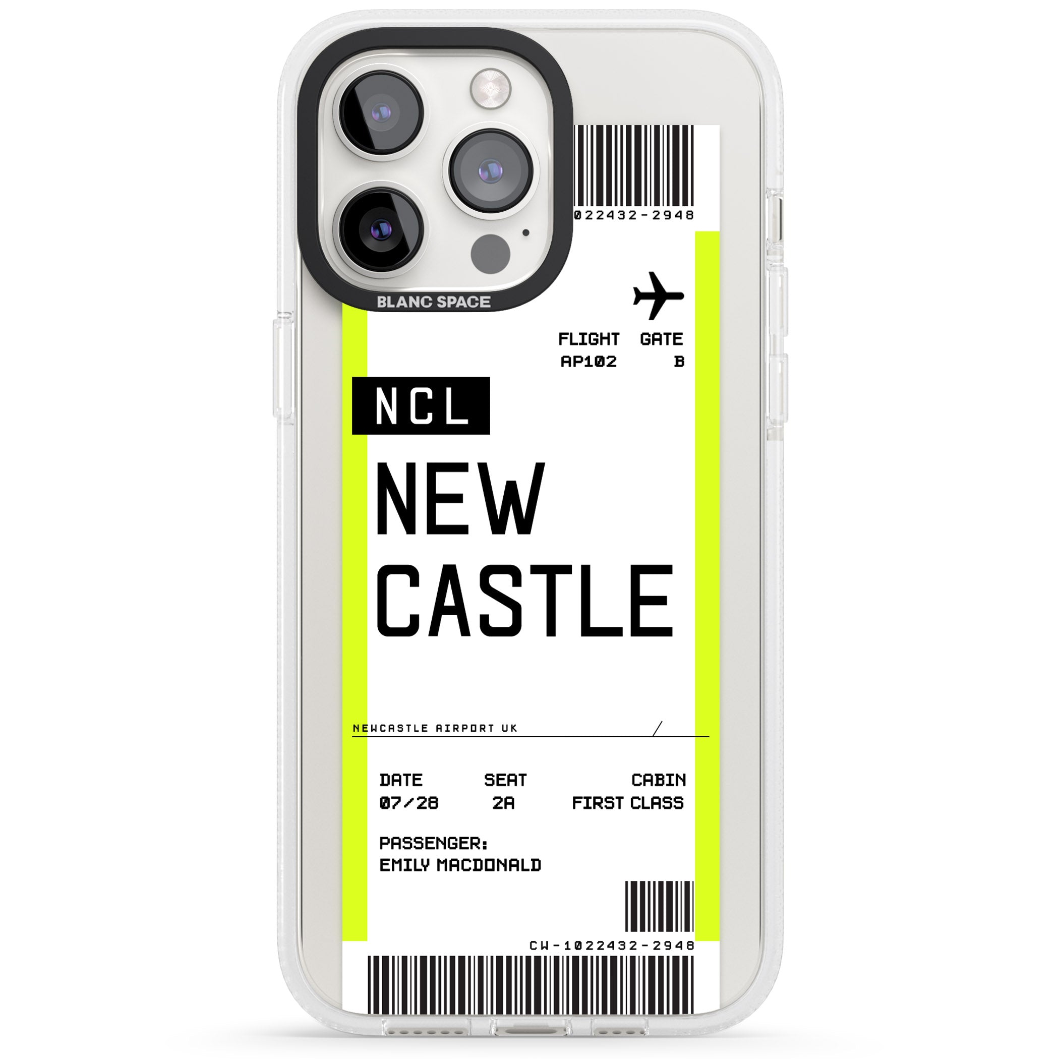 Personalised Newcastle Boarding Pass iPhone 15 Pro Max / 15 Pro / 14 Pro Max / 14 Pro / 13 Pro Clear Case Impact Air - Blanc Space