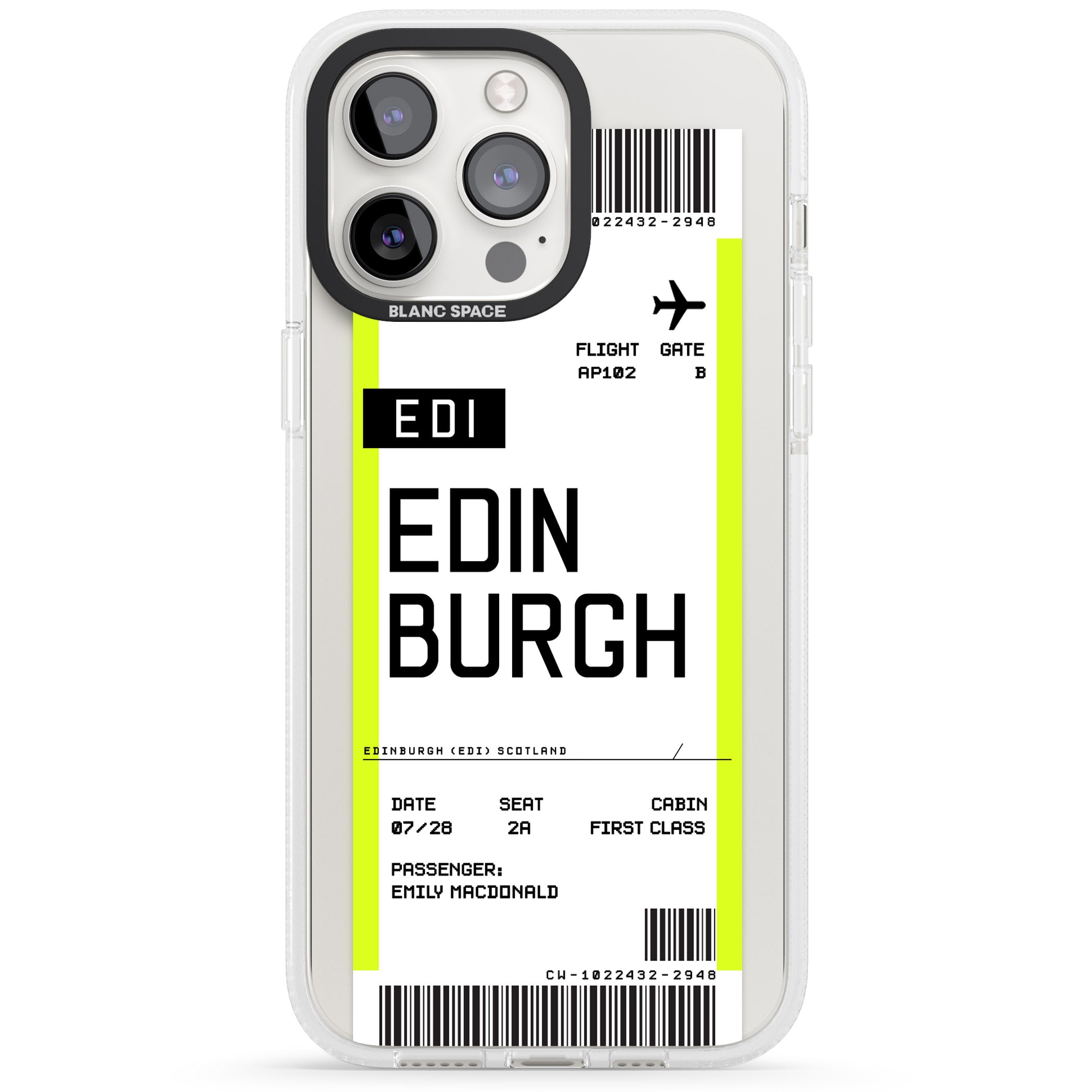 Personalised Edinburgh Boarding Pass iPhone 15 Pro Max / 15 Pro / 14 Pro Max / 14 Pro / 13 Pro Clear Case Impact Air - Blanc Space