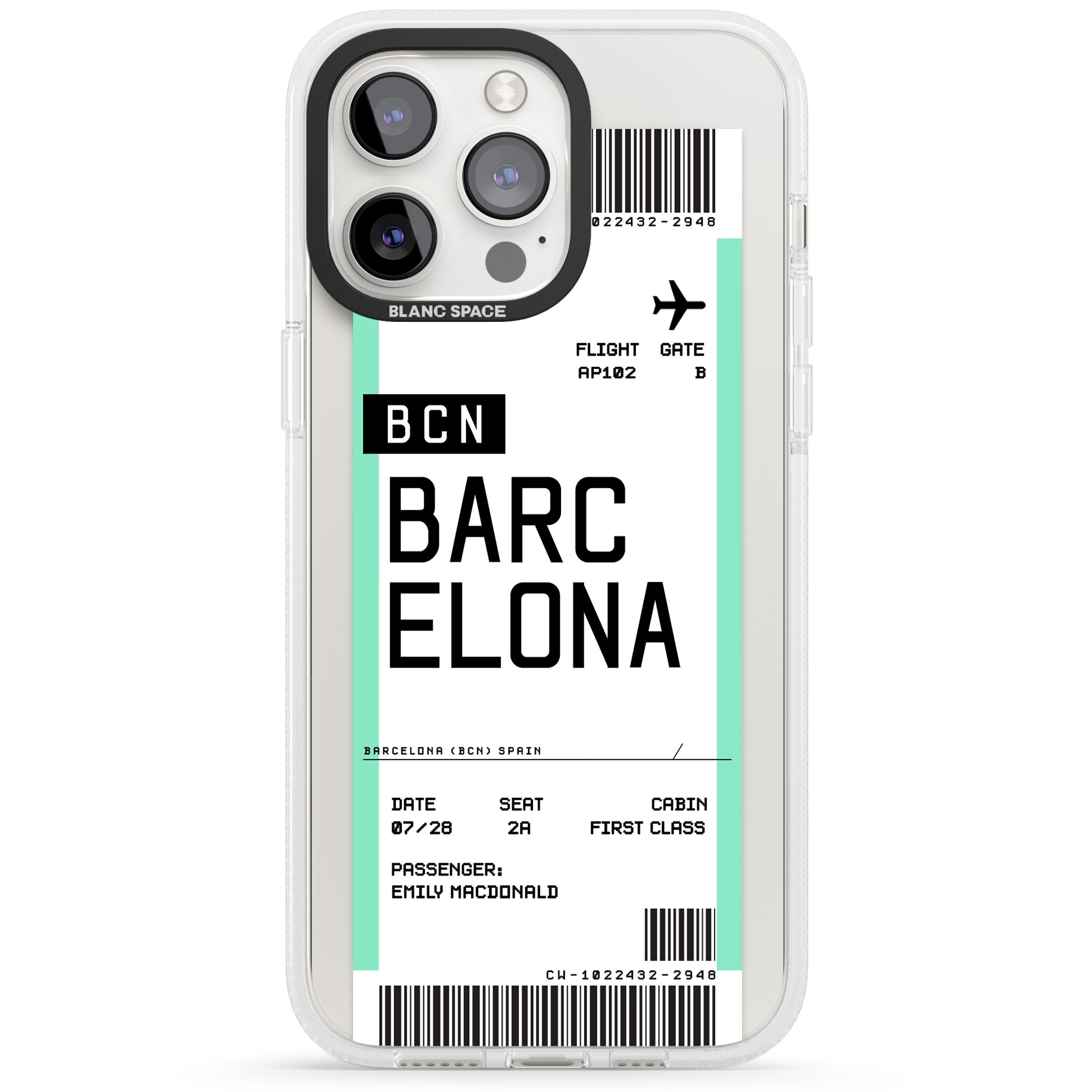 Personalised Barcelona Boarding Pass iPhone 15 Pro Max / 15 Pro / 14 Pro Max / 14 Pro / 13 Pro Clear Case Impact Air - Blanc Space