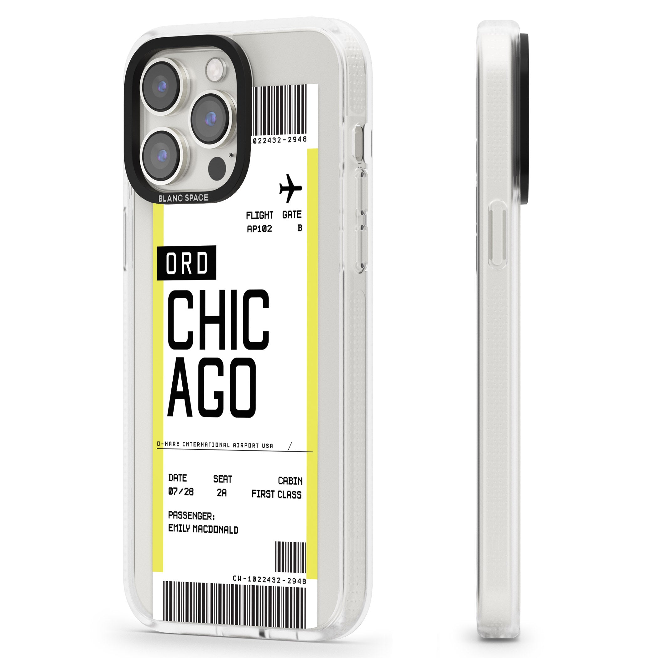 Personalised Chicago Boarding Pass iPhone 15 Pro Max / 15 Pro / 14 Pro Max / 14 Pro / 13 Pro Clear Case Impact Air - Blanc Space