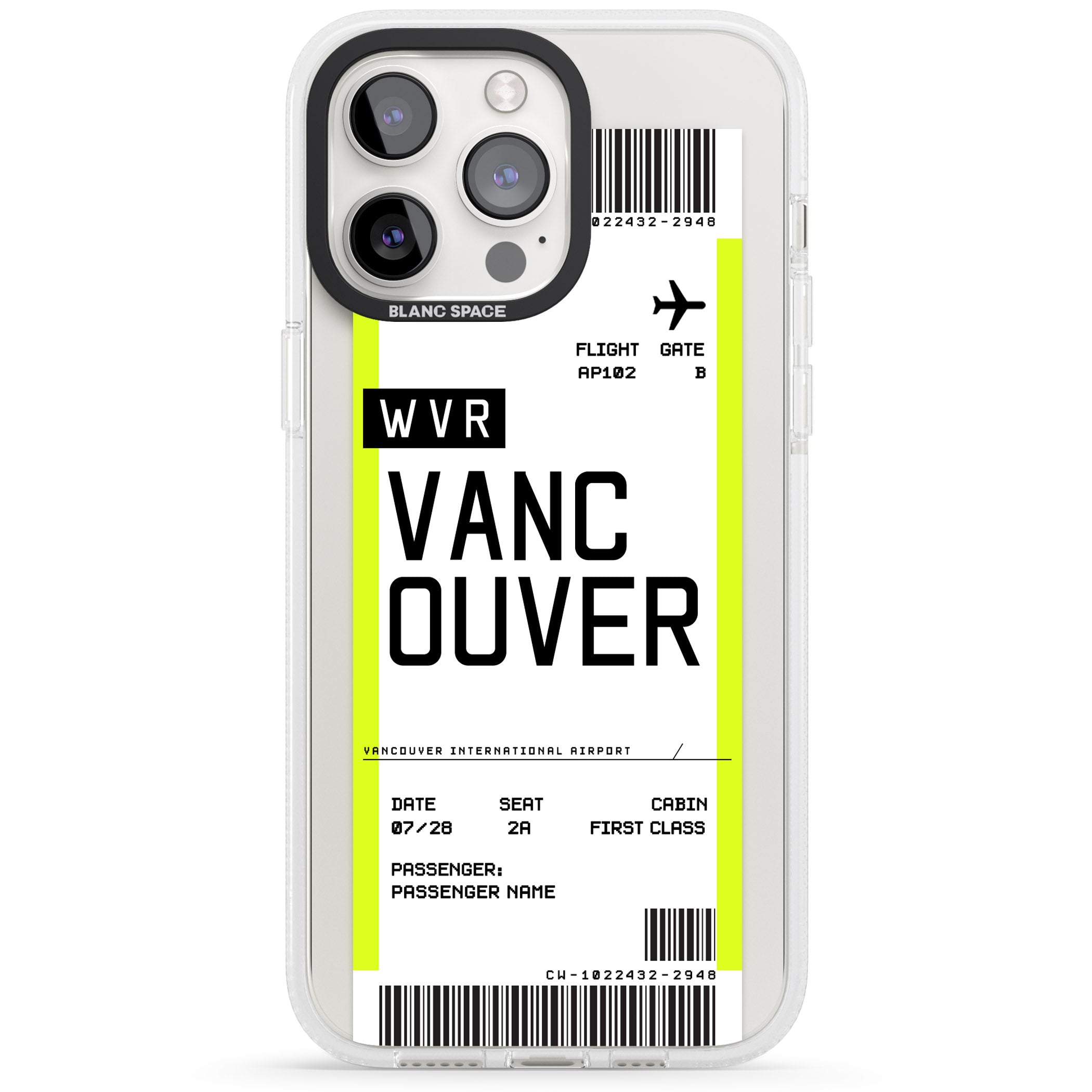 Personalised Vancouver Boarding Pass iPhone 15 Pro Max / 15 Pro / 14 Pro Max / 14 Pro / 13 Pro Clear Case Impact Air - Blanc Space