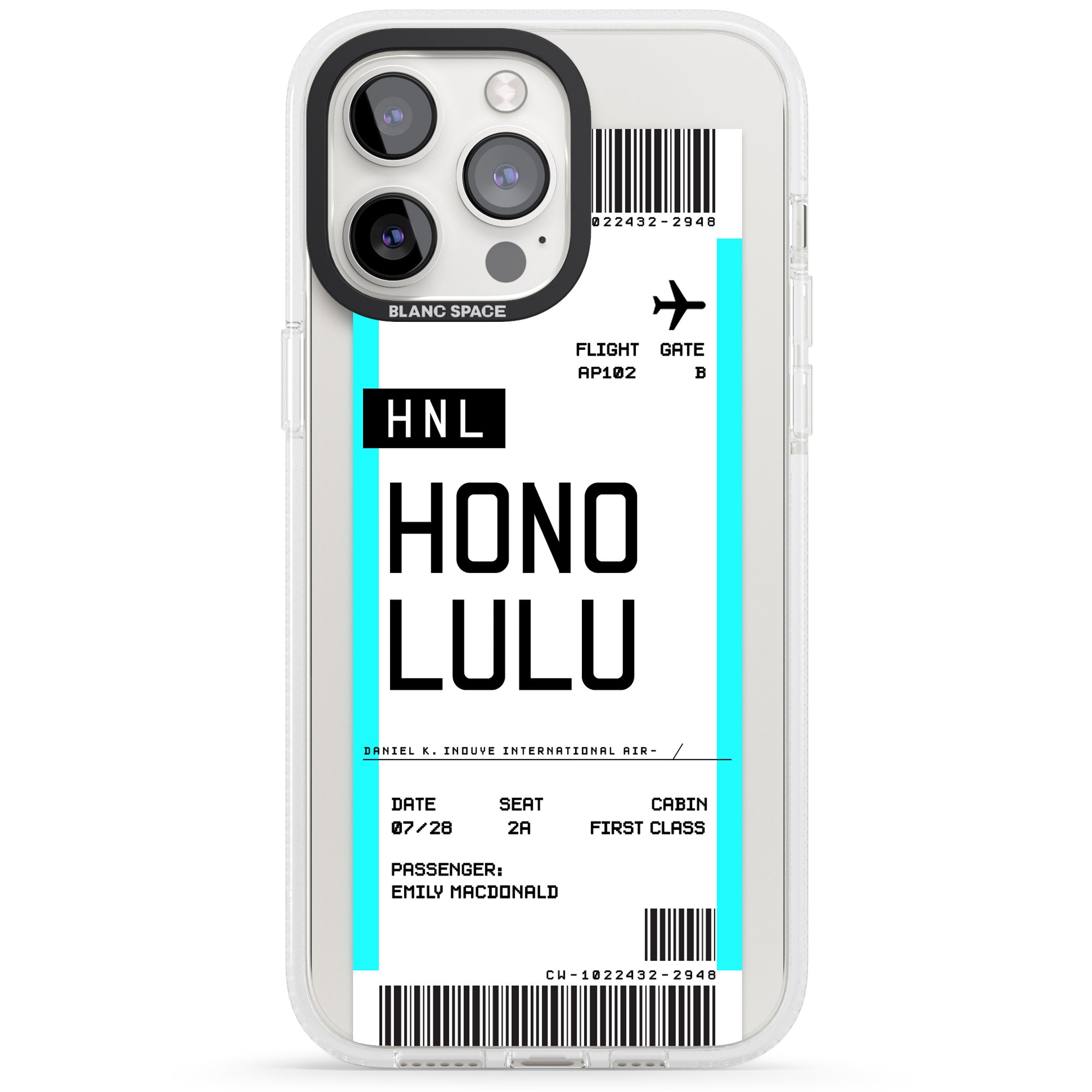 Personalised Honolulu Boarding Pass iPhone 15 Pro Max / 15 Pro / 14 Pro Max / 14 Pro / 13 Pro Clear Case Impact Air - Blanc Space