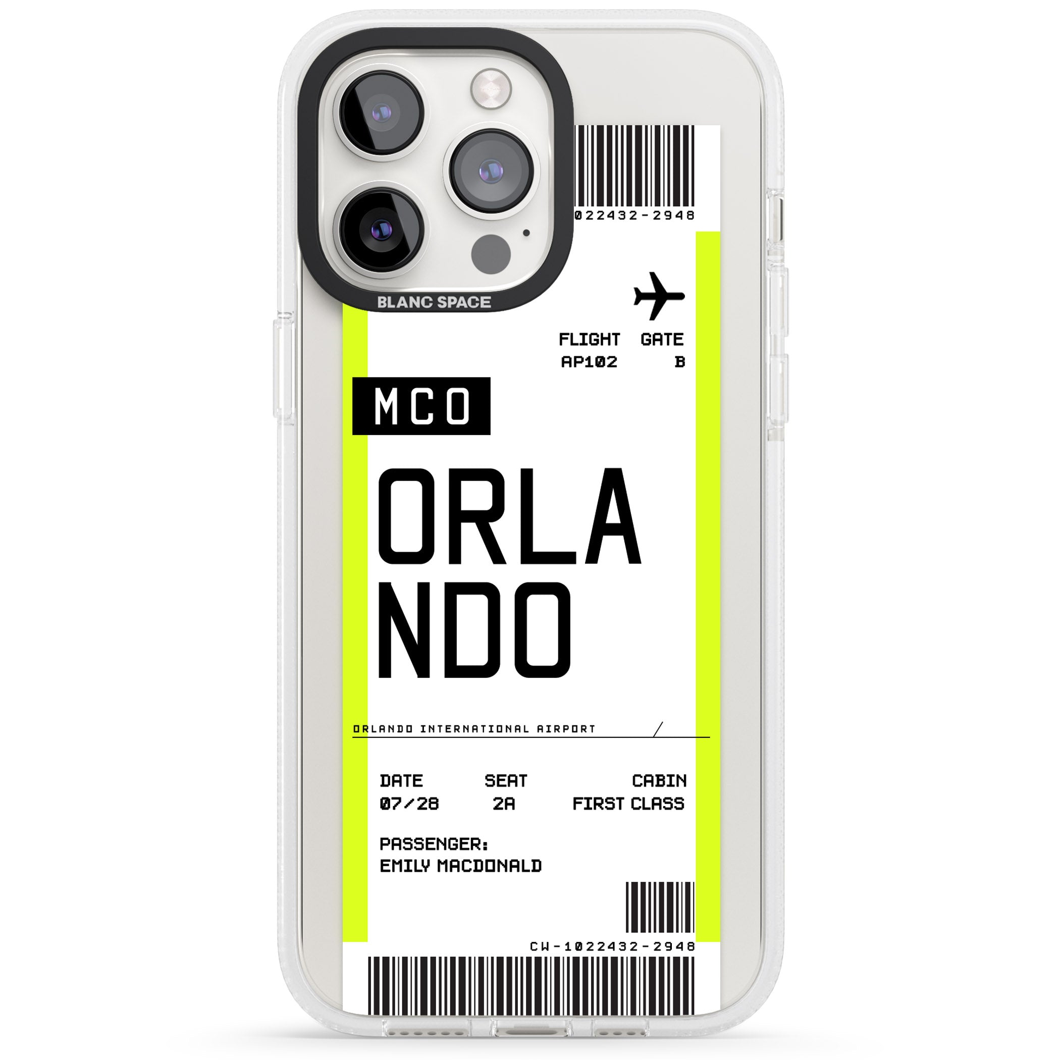 Personalised Orlando Boarding Pass iPhone 15 Pro Max / 15 Pro / 14 Pro Max / 14 Pro / 13 Pro Clear Case Impact Air - Blanc Space