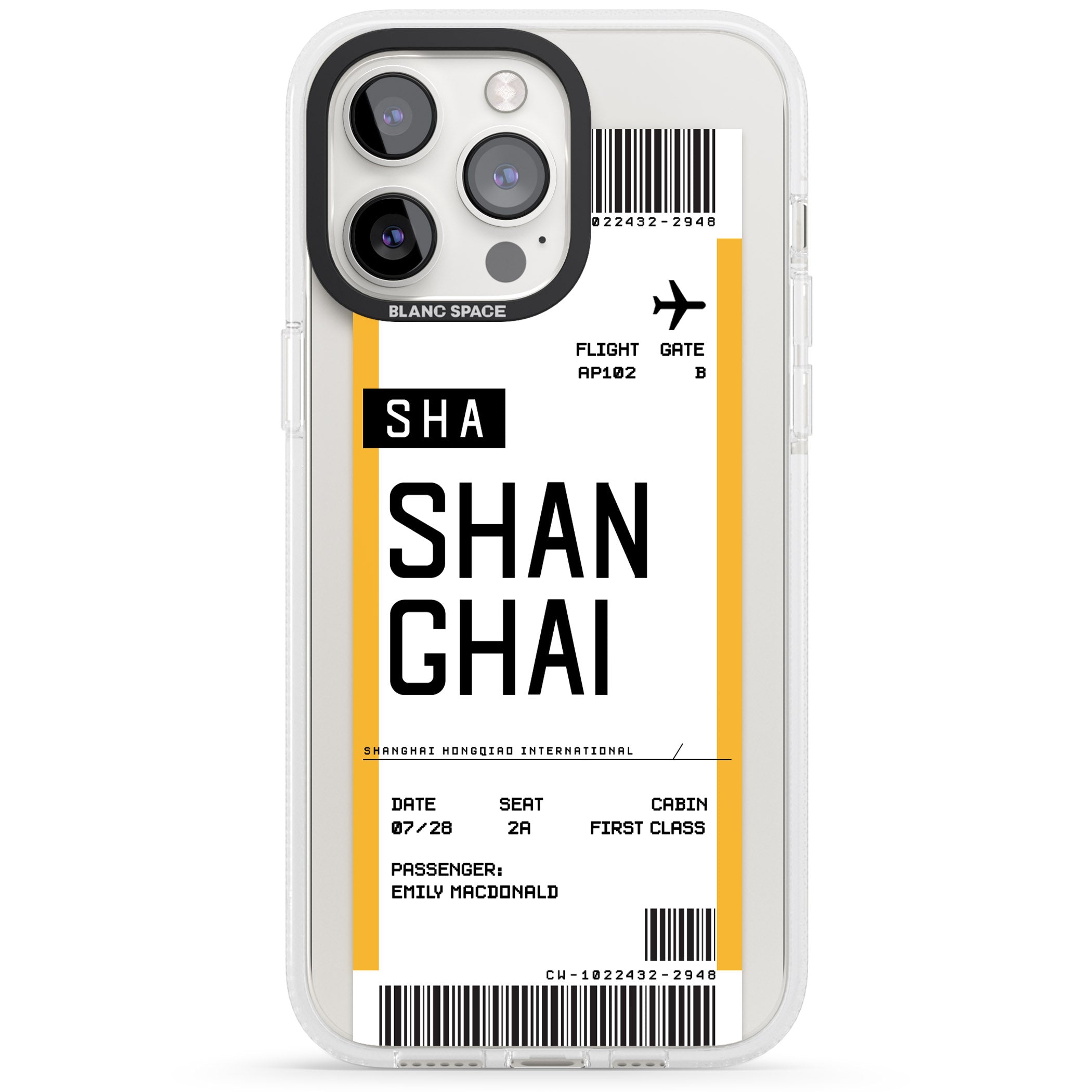 Personalised Shangai Boarding Pass iPhone 15 Pro Max / 15 Pro / 14 Pro Max / 14 Pro / 13 Pro Clear Case Impact Air - Blanc Space