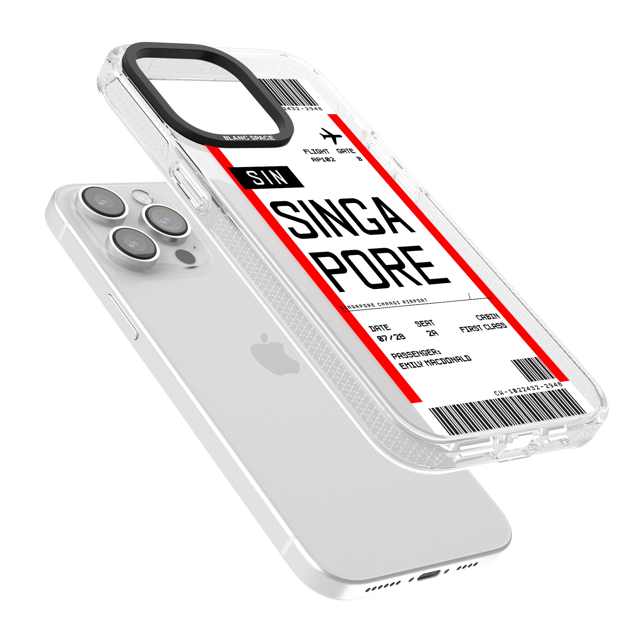 Personalised Singapore Boarding Pass iPhone 15 Pro Max / 15 Pro / 14 Pro Max / 14 Pro / 13 Pro Clear Case Impact Air - Blanc Space