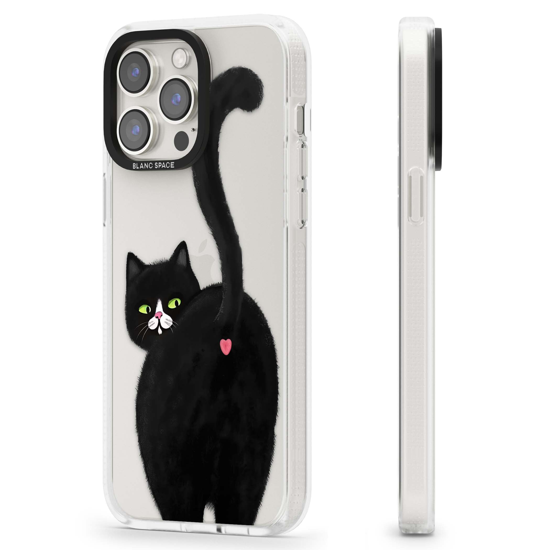 The Cat's Kiss cute cat iPhone case featuring a hand-painted tuxedo kitty with green eyes and a pink heart on a clear | Clear Case Impact Air case for iPhone 15 Pro, iPhone 15 Pro Max