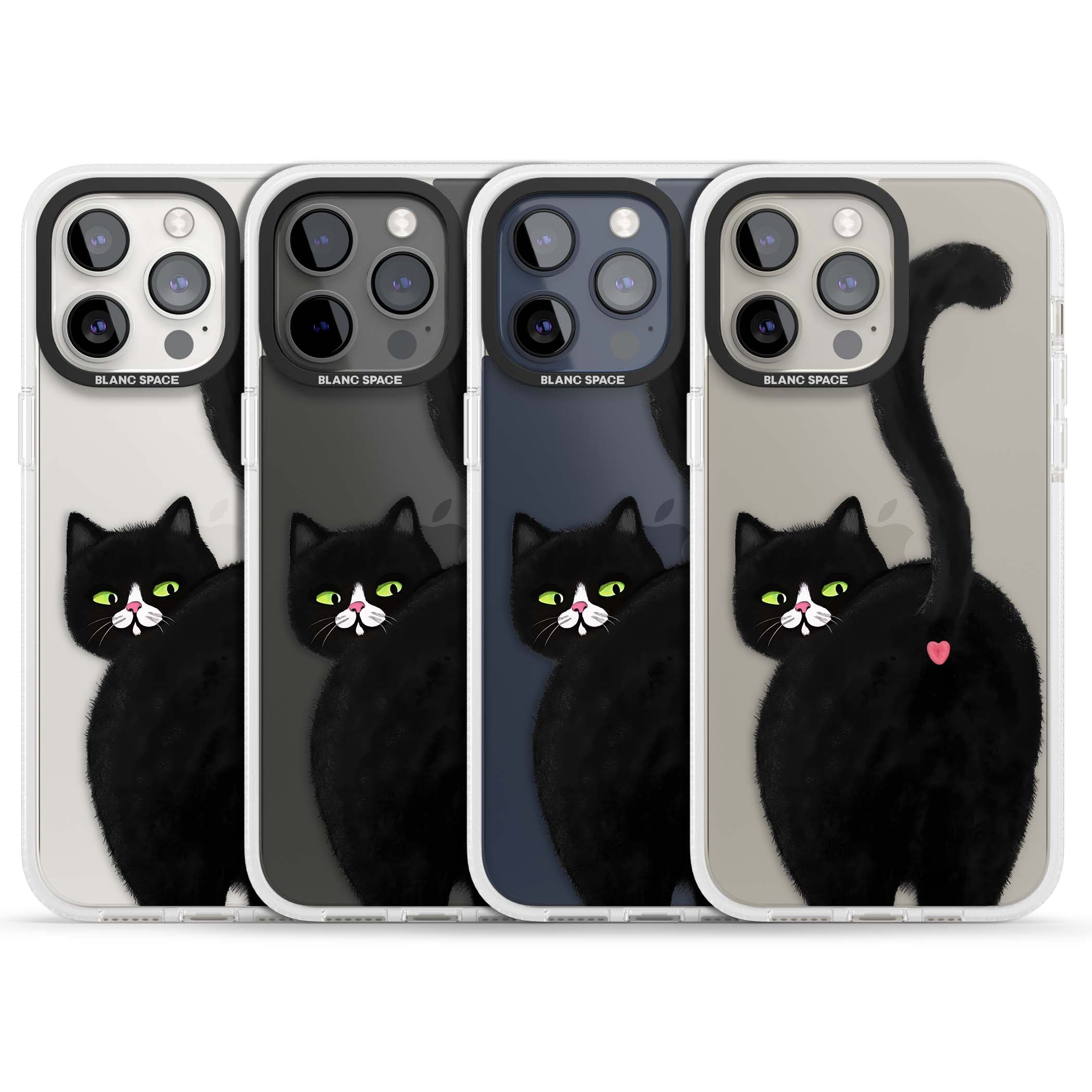 The Cat's Kiss cute cat iPhone case featuring a hand-painted tuxedo kitty with green eyes and a pink heart on a clear | Clear Case Impact Air case for iPhone 15 Pro, iPhone 15 Pro Max