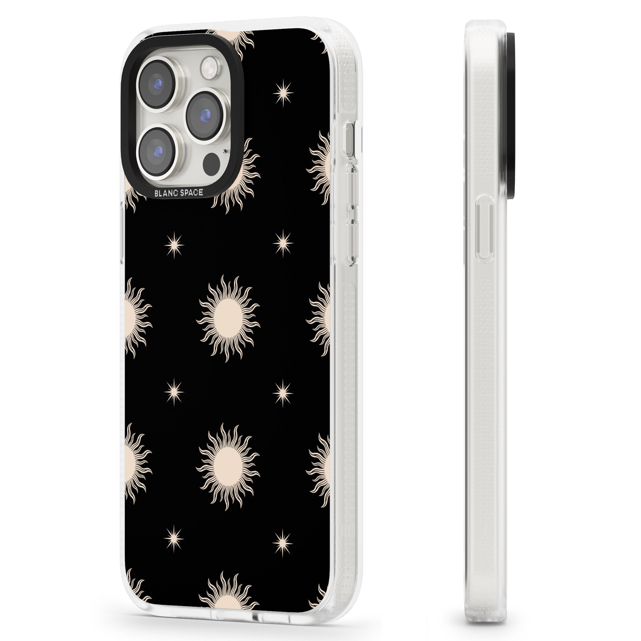 Celestial Patterns Classic Suns (Black) iPhone 15 Pro Max / 15 Pro / 14 Pro Max / 14 Pro / 13 Pro Clear Case Impact Air - Blanc Space