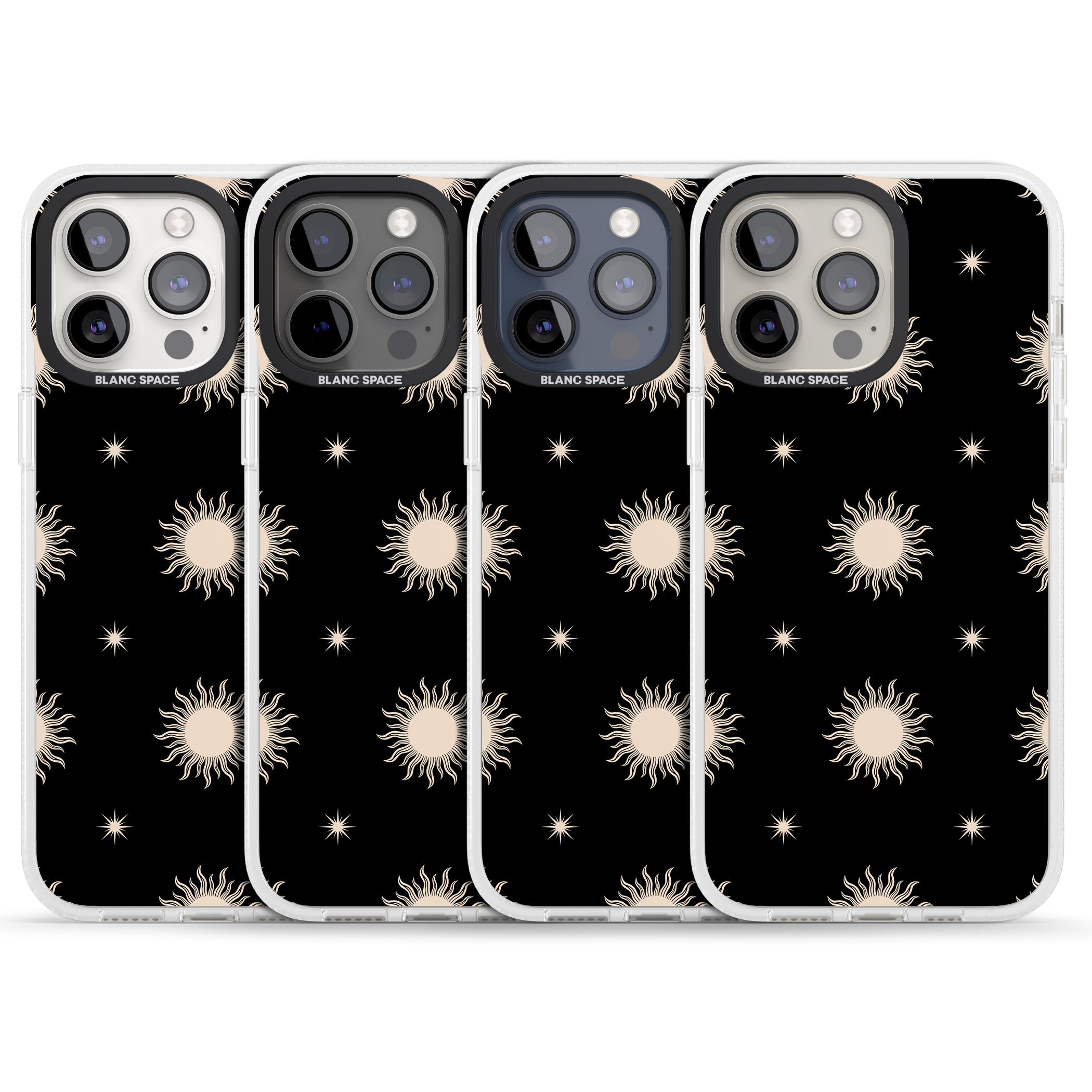 Celestial Patterns Classic Suns (Black) iPhone 15 Pro Max / 15 Pro / 14 Pro Max / 14 Pro / 13 Pro Clear Case Impact Air - Blanc Space