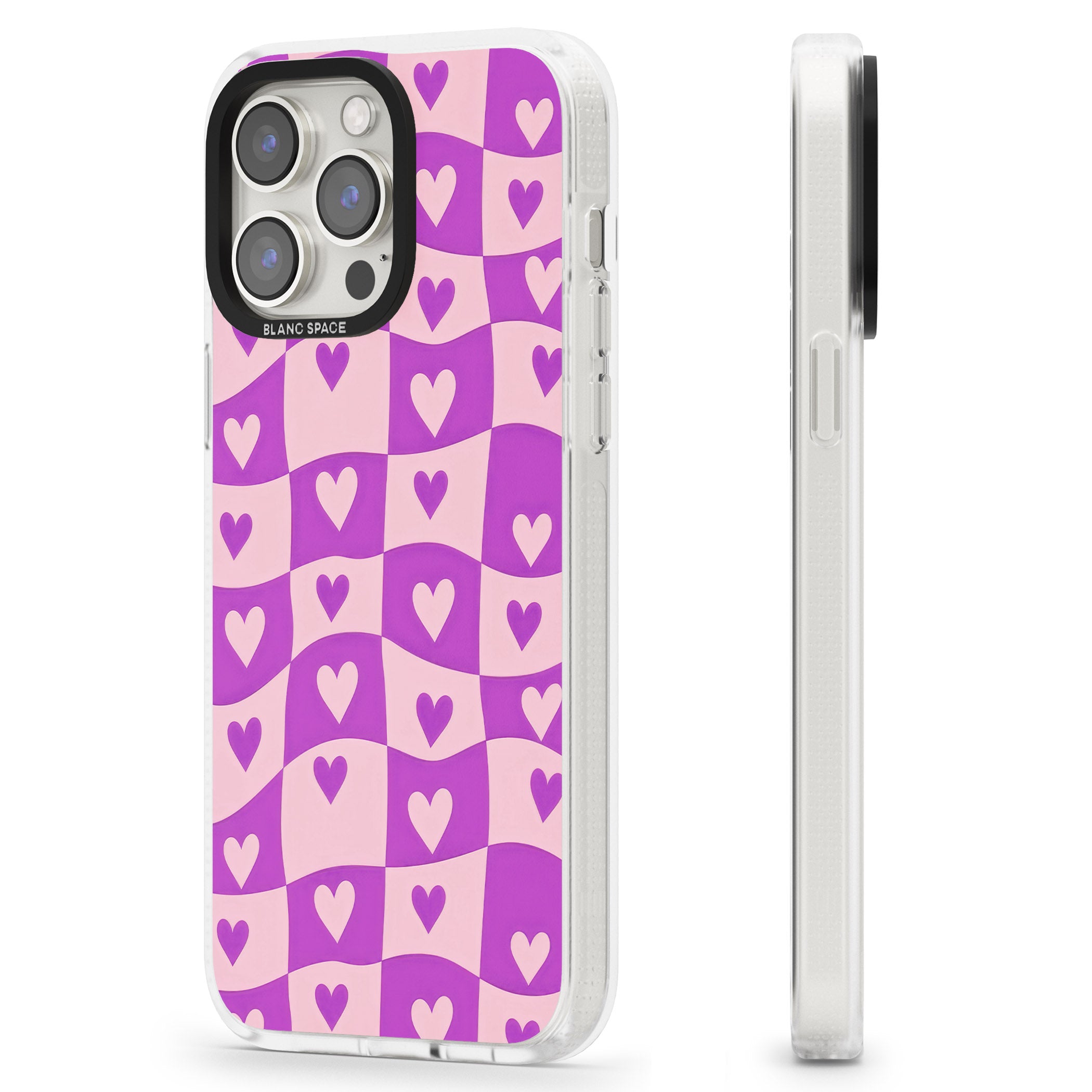 Purple Wavy Checked & Hearts iPhone 15 Pro Max / 15 Pro / 14 Pro Max / 14 Pro / 13 Pro Clear Case Impact Air - Blanc Space