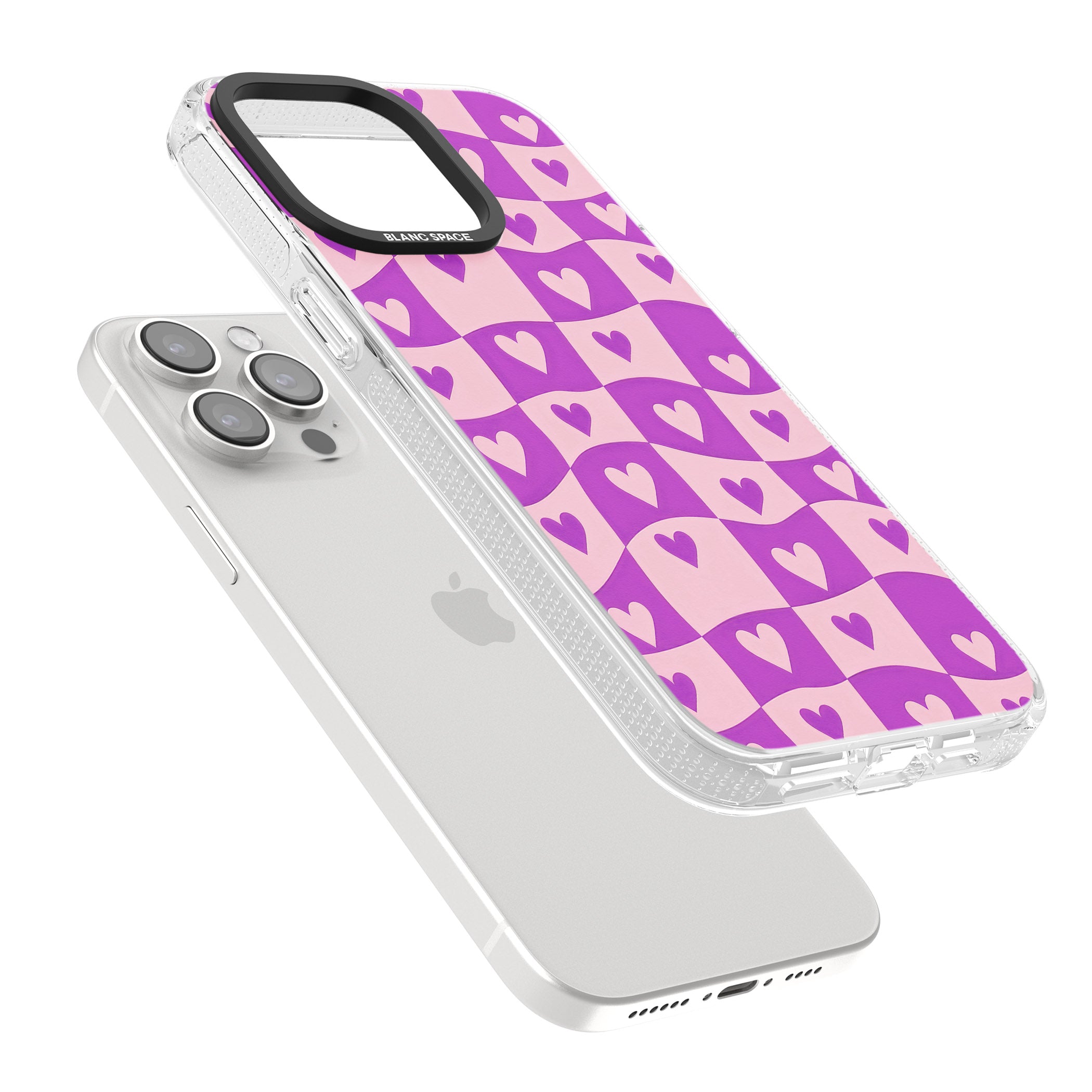Purple Wavy Checked & Hearts iPhone 15 Pro Max / 15 Pro / 14 Pro Max / 14 Pro / 13 Pro Clear Case Impact Air - Blanc Space