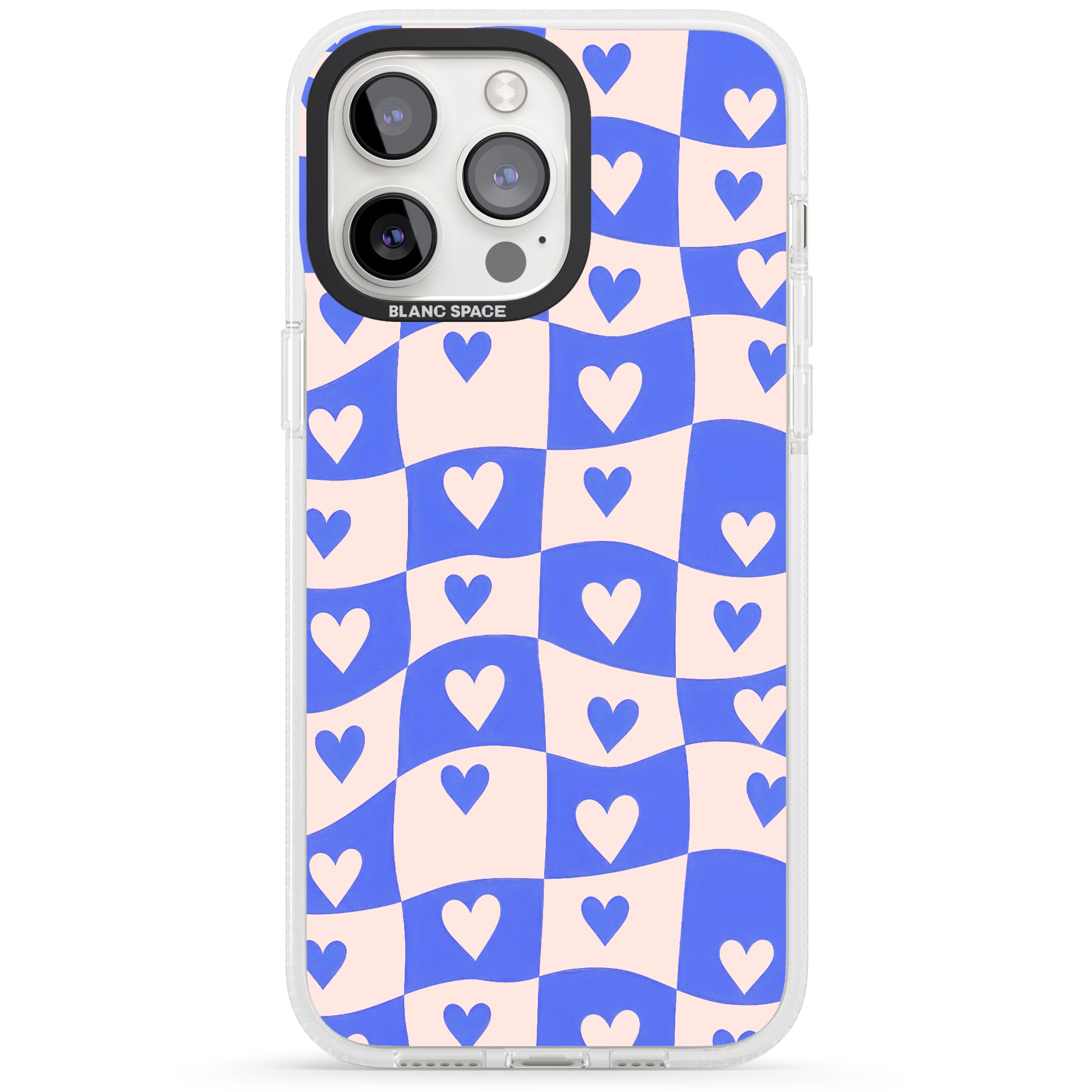 Blue Wavy Checked & Hearts iPhone 15 Pro Max / 15 Pro / 14 Pro Max / 14 Pro / 13 Pro Clear Case Impact Air - Blanc Space