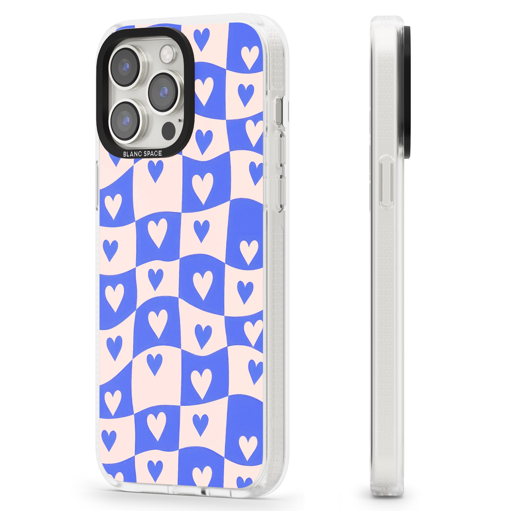 Blue Wavy Checked & Hearts iPhone 15 Pro Max / 15 Pro / 14 Pro Max / 14 Pro / 13 Pro Clear Case Impact Air - Blanc Space