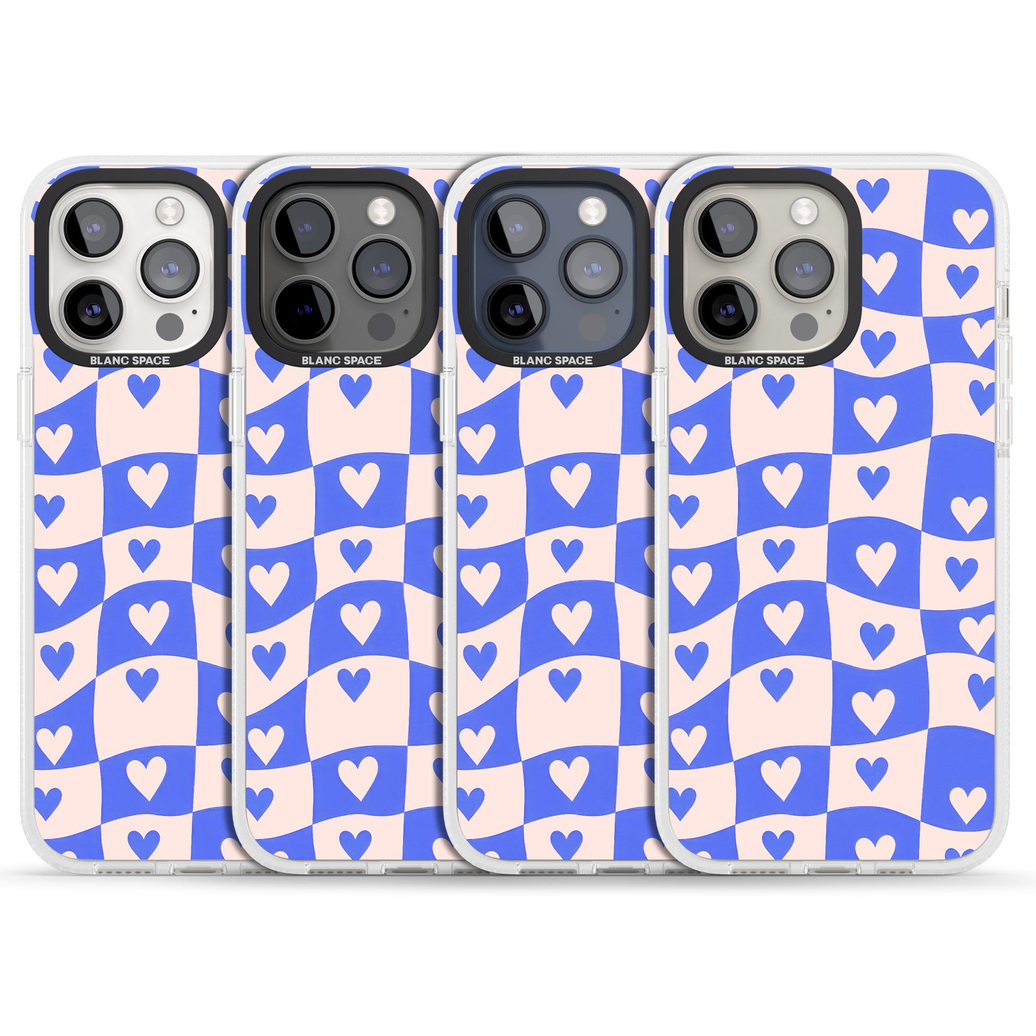 Blue Wavy Checked & Hearts iPhone 15 Pro Max / 15 Pro / 14 Pro Max / 14 Pro / 13 Pro Clear Case Impact Air - Blanc Space