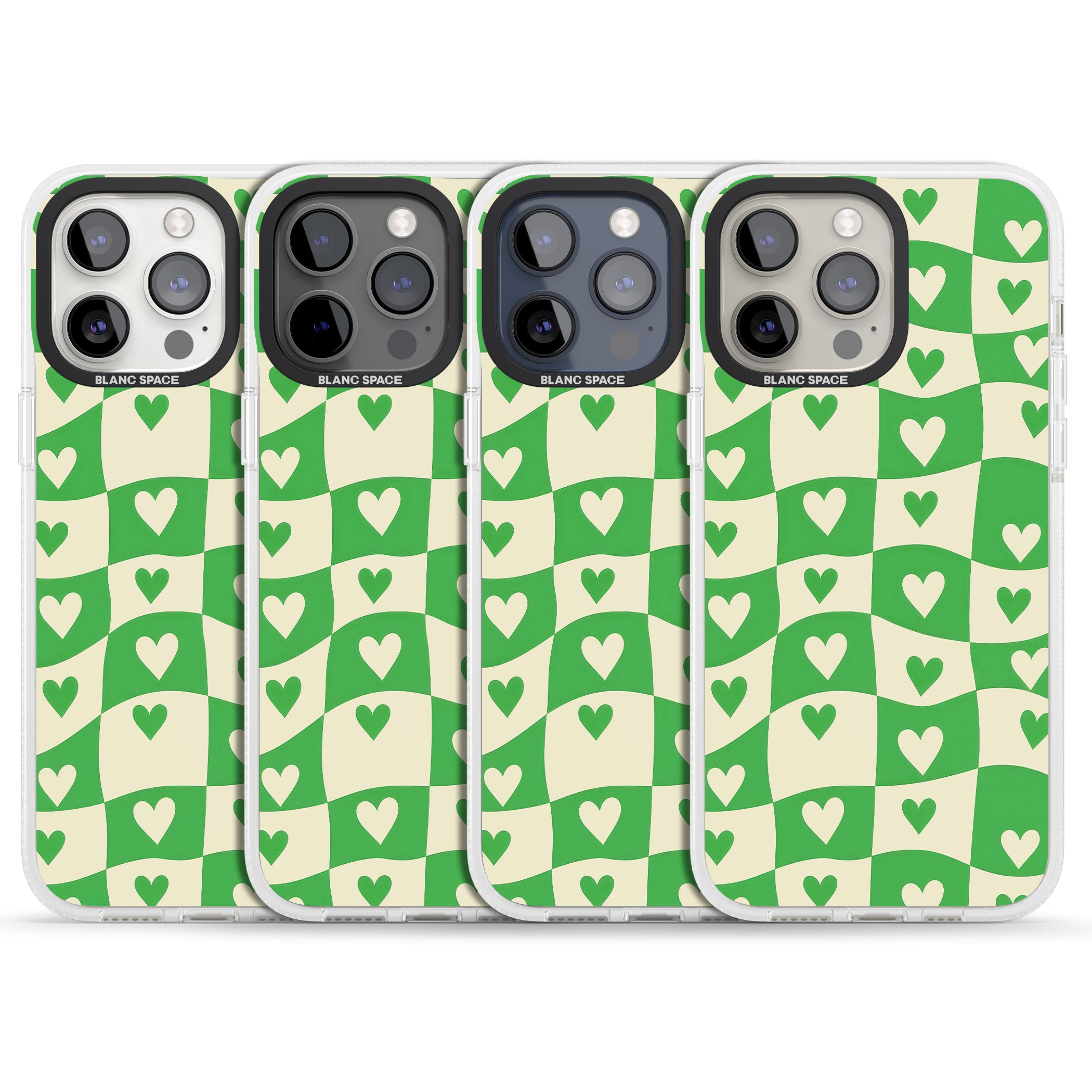 Green Wavy Checked & Hearts iPhone 15 Pro Max / 15 Pro / 14 Pro Max / 14 Pro / 13 Pro Clear Case Impact Air - Blanc Space
