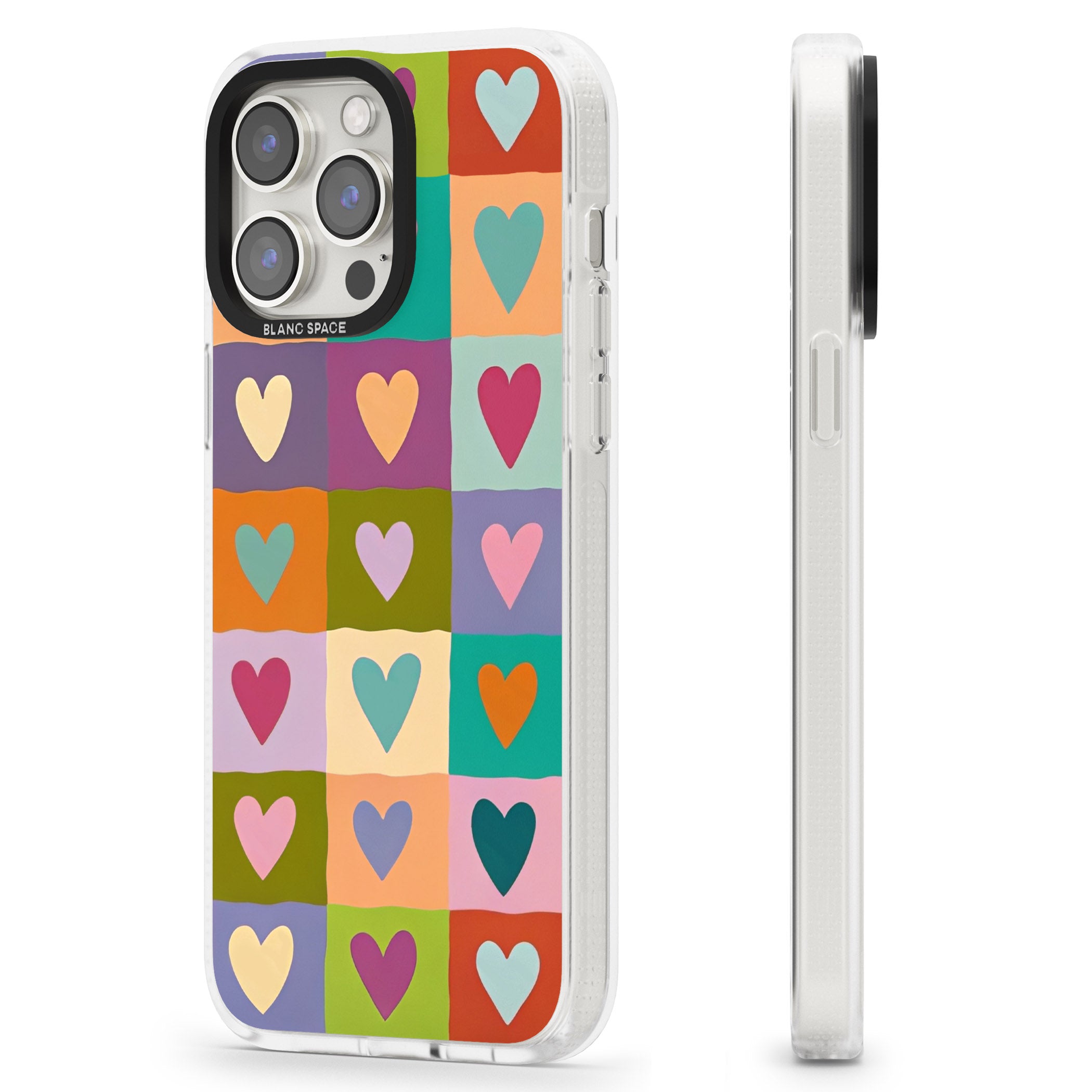 Multicolour Checked Hearts iPhone 15 Pro Max / 15 Pro / 14 Pro Max / 14 Pro / 13 Pro Clear Case Impact Air - Blanc Space