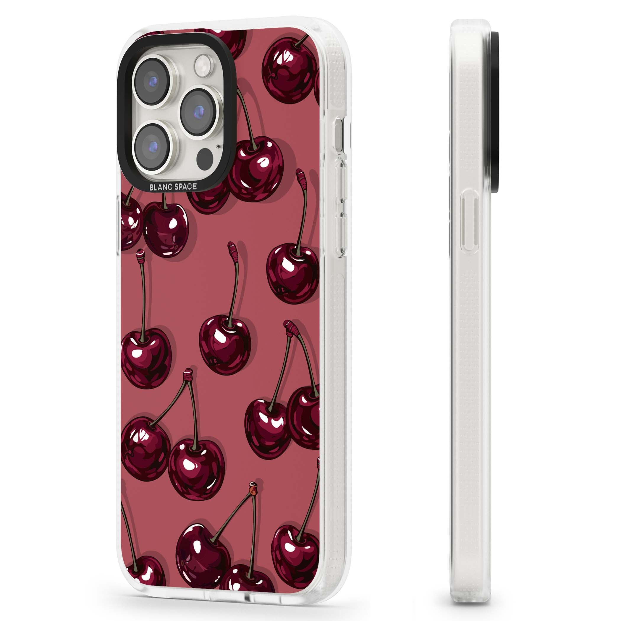 Cherry Rebel coquette iPhone case featuring glossy burgundy cherries on a dusty rose background | Clear Case Impact Air case for iPhone 15 Pro, iPhone 15 Pro Max