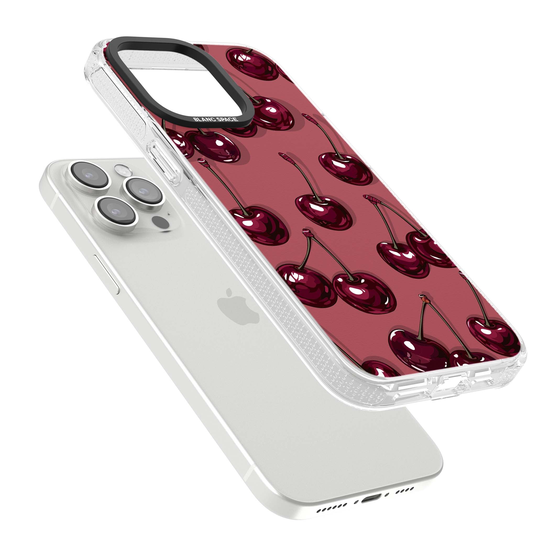 Cherry Rebel coquette iPhone case featuring glossy burgundy cherries on a dusty rose background | Clear Case Impact Air case for iPhone 15 Pro, iPhone 15 Pro Max