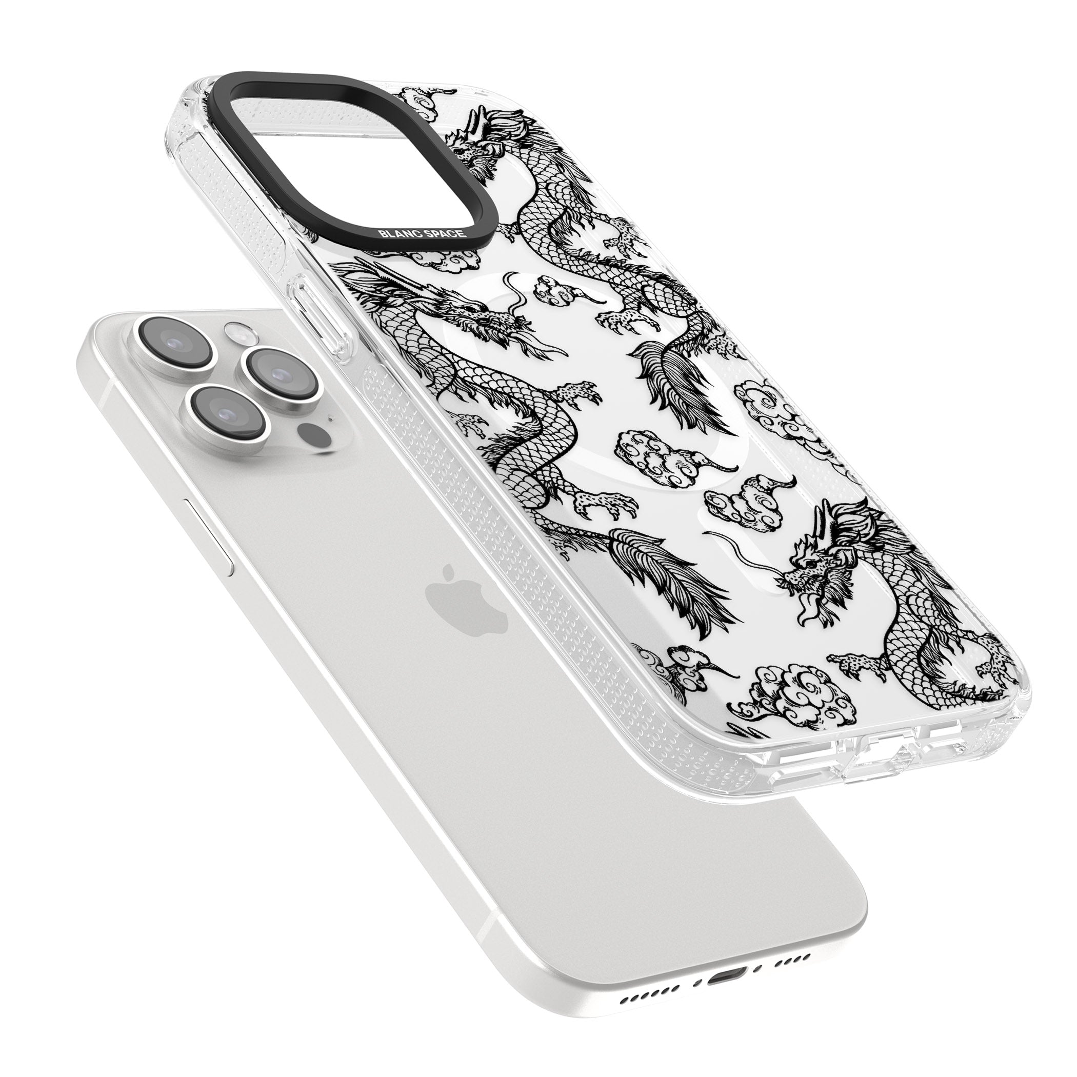 Black Dragon Pattern iPhone 15 Pro Max / 15 Pro / 14 Pro Max / 14 Pro / 13 Pro Clear Case Impact Air - Blanc Space