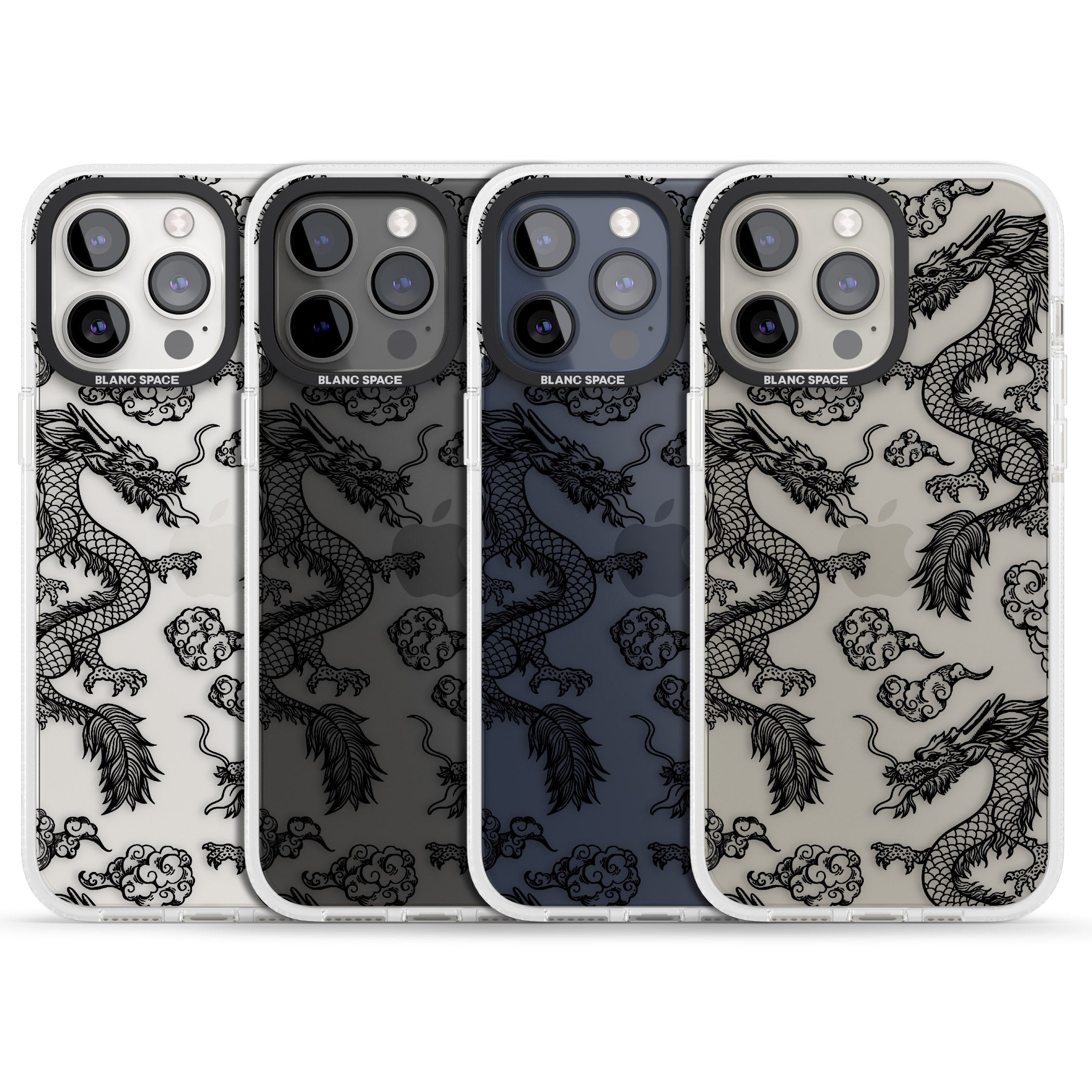 Black Dragon Pattern iPhone 15 Pro Max / 15 Pro / 14 Pro Max / 14 Pro / 13 Pro Clear Case Impact Air - Blanc Space