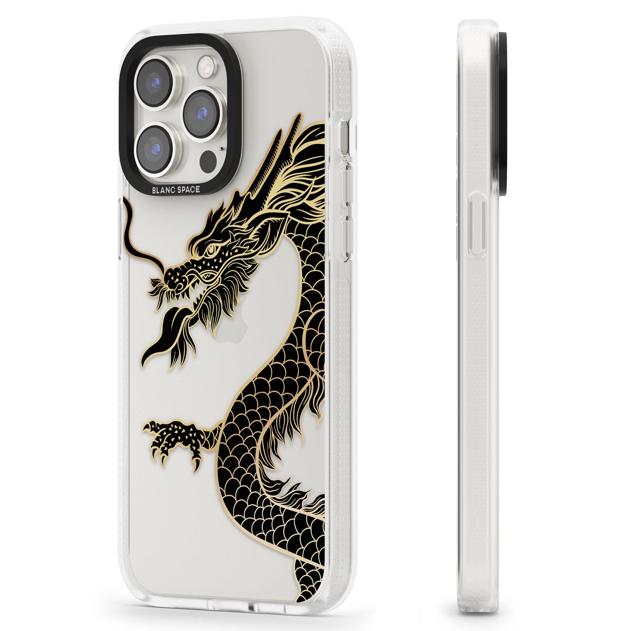 Large Black Dragon iPhone 15 Pro Max / 15 Pro / 14 Pro Max / 14 Pro / 13 Pro Clear Case Impact Air - Blanc Space
