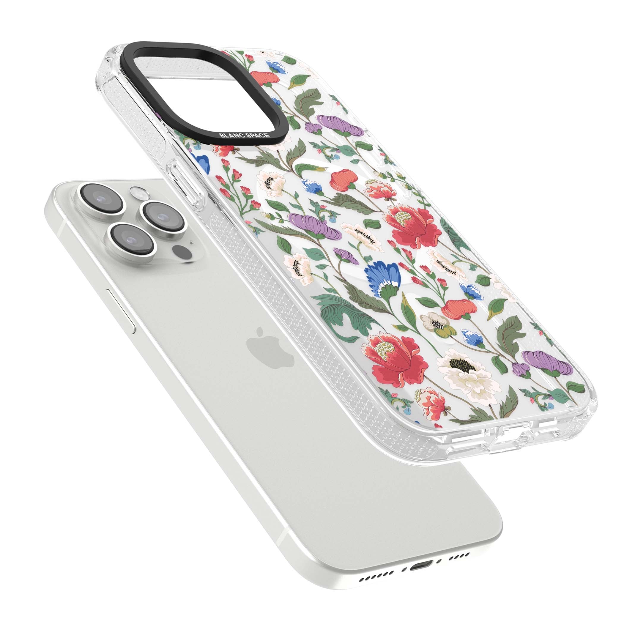 Chinoiserie Bloom vintage floral iPhone case featuring hand-painted peonies, poppies and trailing wildflowers on clear... | Clear Case Impact Air case for iPhone 15 Pro, iPhone 15 Pro Max