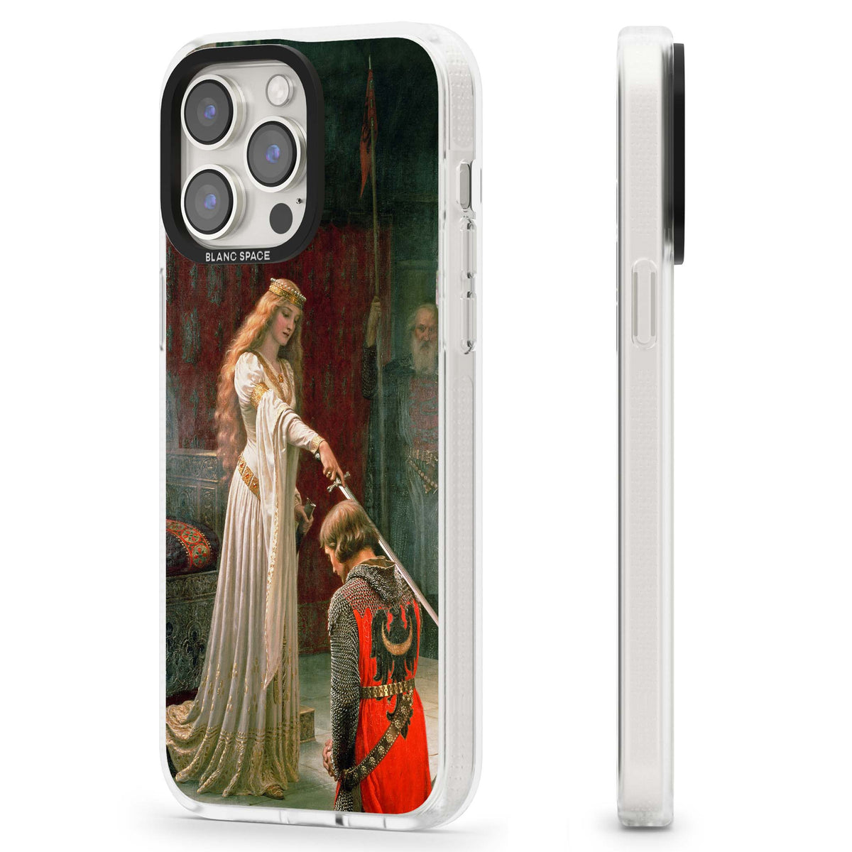 The Accolade renaissance art iPhone case featuring Edmund Blair Leighton's painting of a queen knighting a kneeling knight | Clear Case Impact Air case for iPhone 15 Pro, iPhone 15 Pro Max