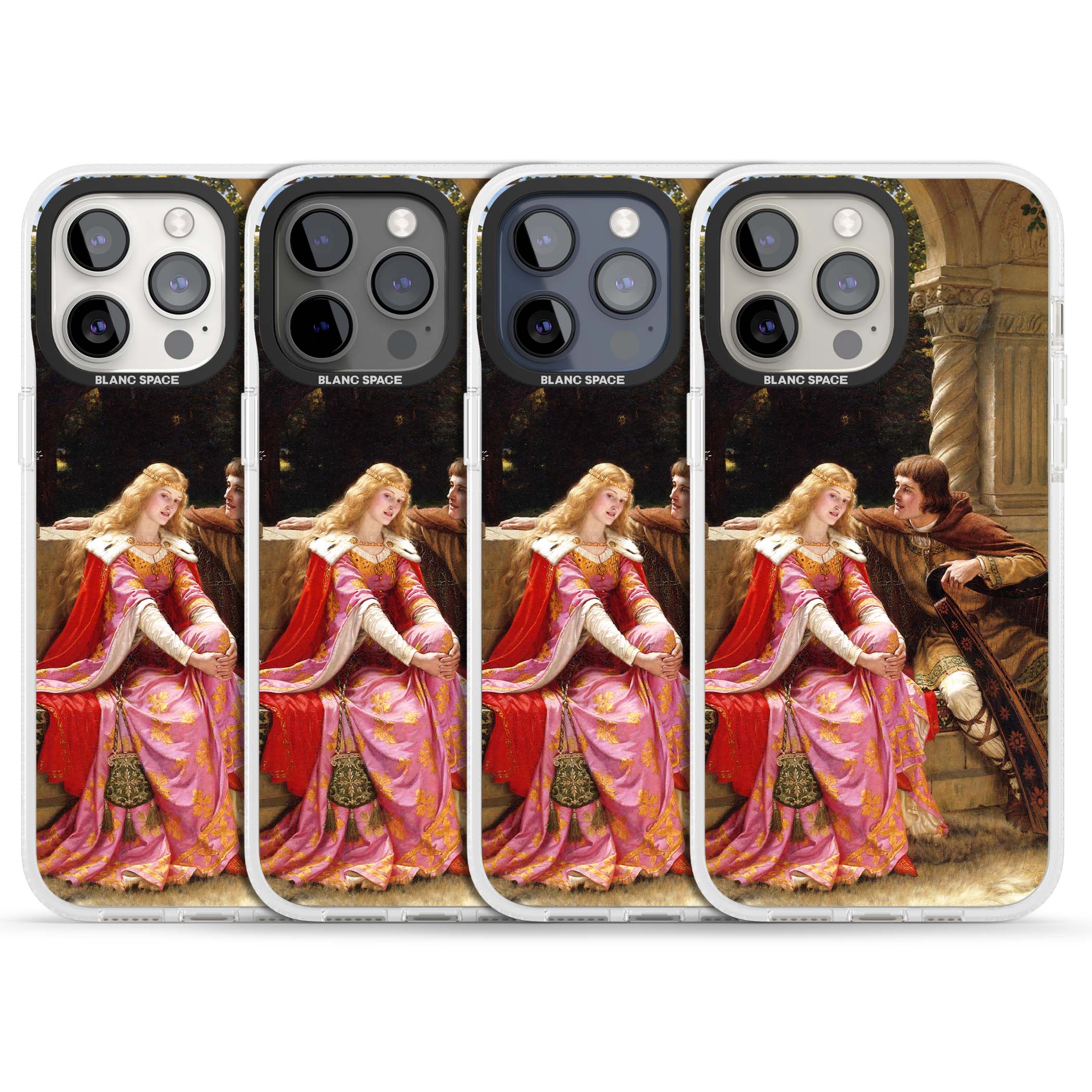 The End of the Song classic art iPhone case featuring a medieval lady in pink gown and her knight in a stone archway | Clear Case Impact Air case for iPhone 15 Pro, iPhone 15 Pro Max