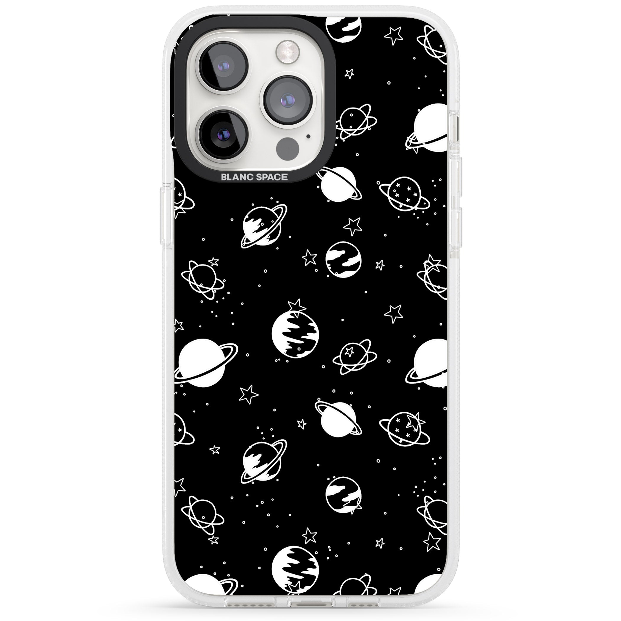 White Planets on Black iPhone 15 Pro Max / 15 Pro / 14 Pro Max / 14 Pro / 13 Pro Clear Case Impact Air - Blanc Space